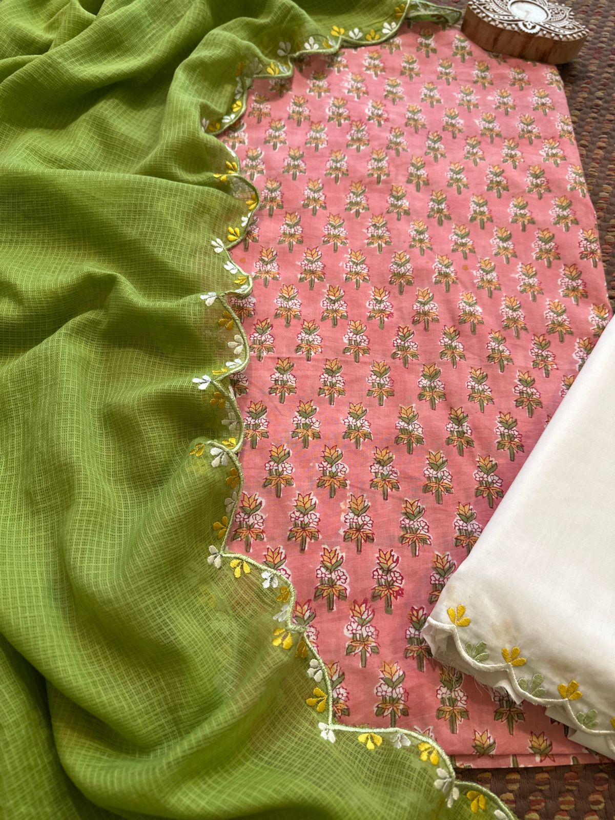 Pure Cotton Hand blocked Set with Embroidered Dupatta