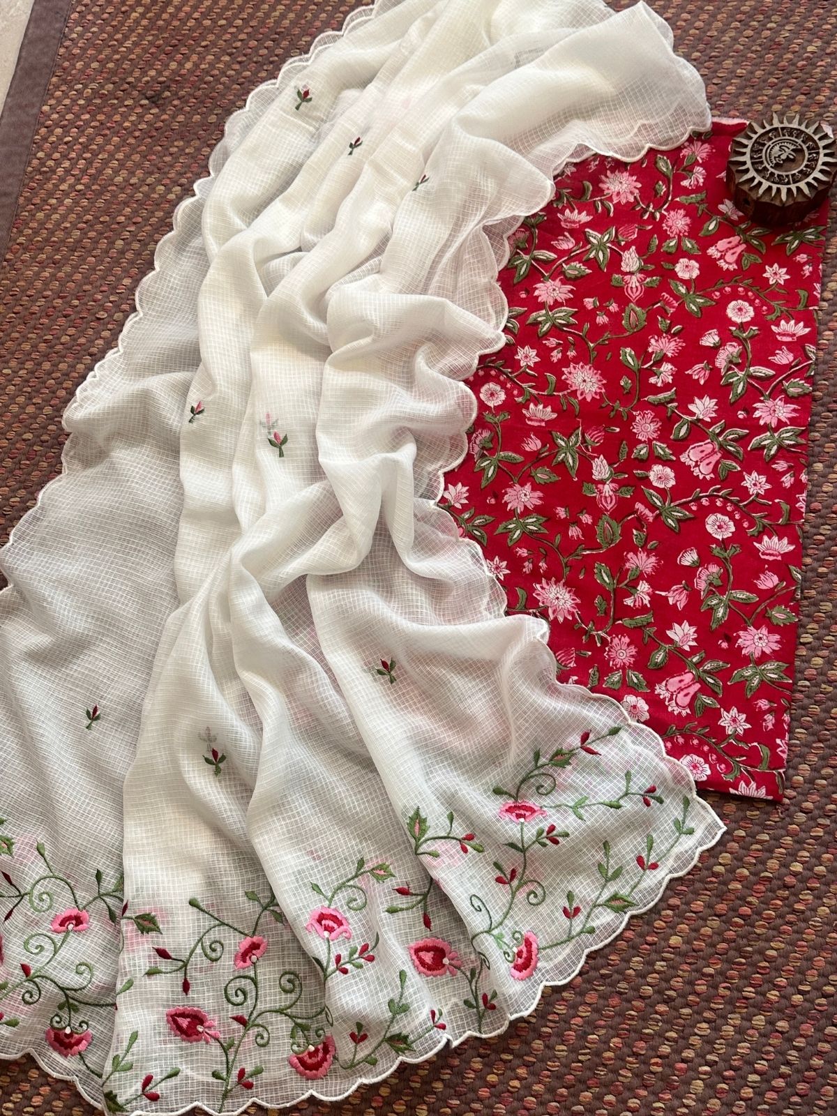 Pure Cotton Handblock Fabric with Exclusive Embroidered Dupatta