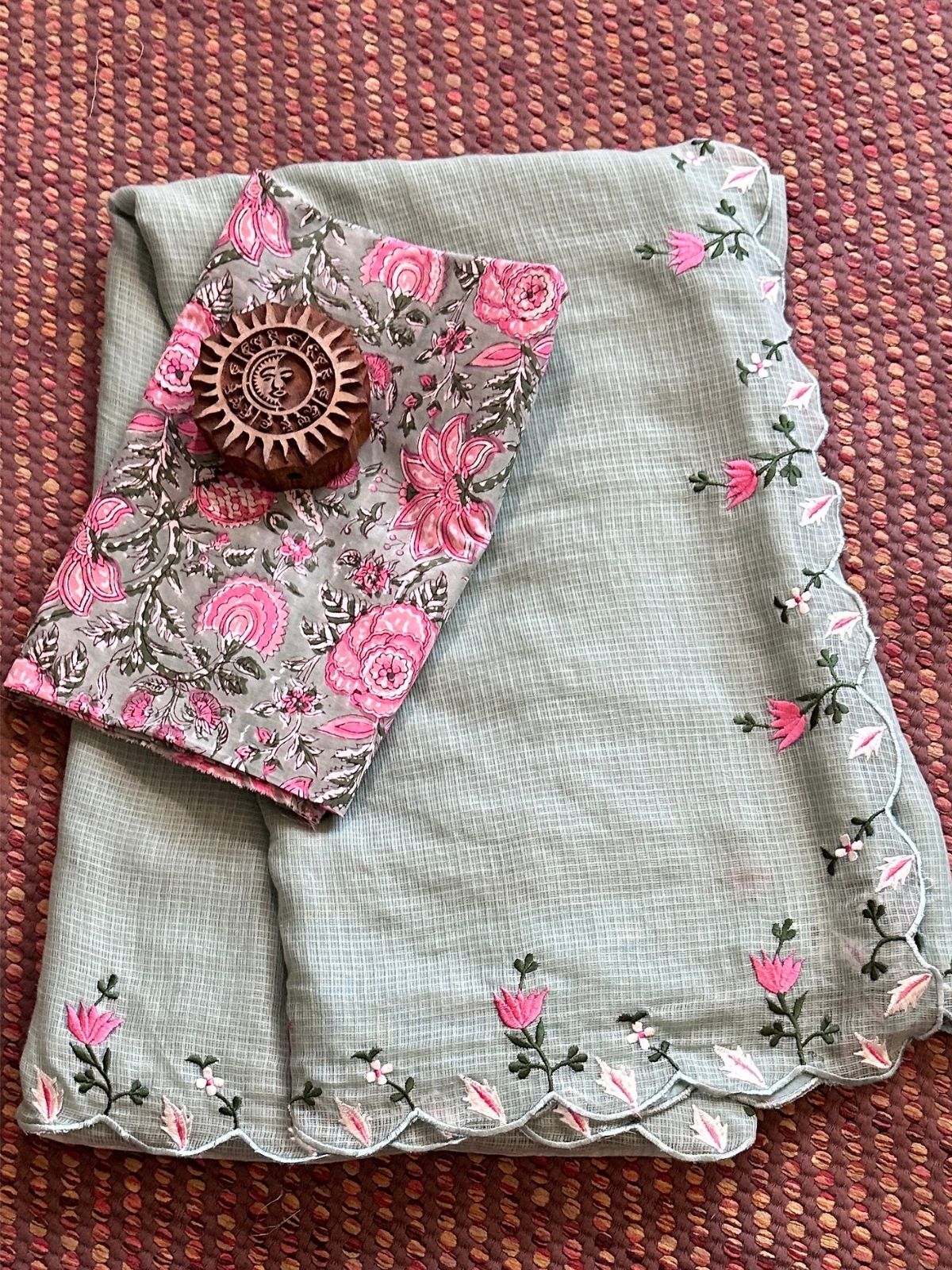 Kota Doria Embroidered Saree with Hand-blocked pure cotton Blouse Fabric