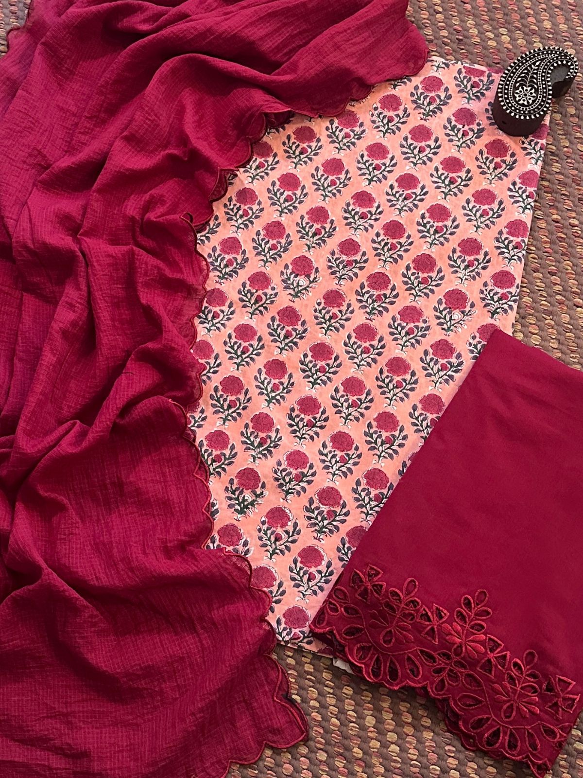 Pure Cotton Hand-blocked Fabric with Cutwork Bottom & Kota Doria Dupatta