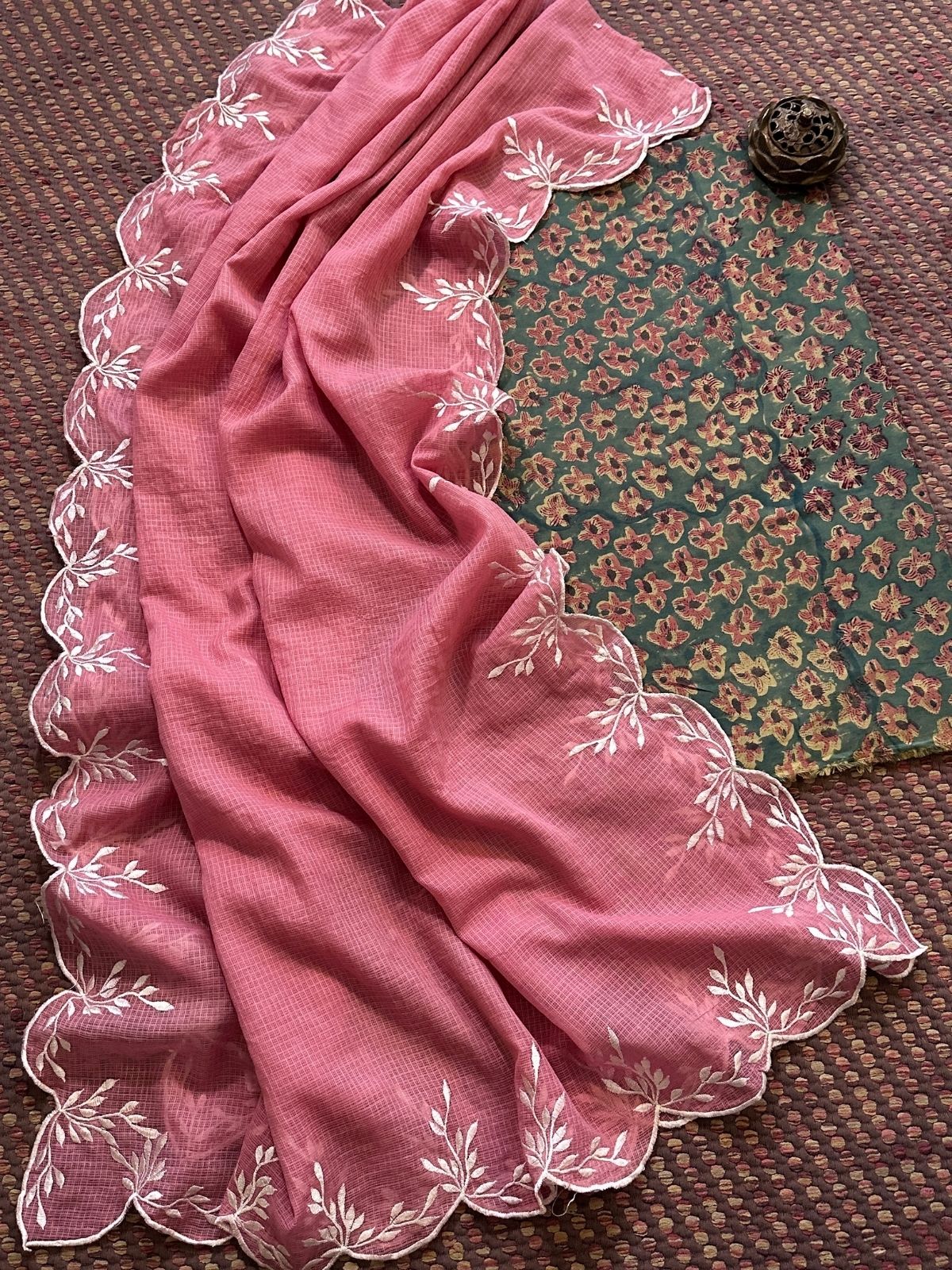 Pure Cotton Mul Hand-Block Fabric with Embroidered Dupatta