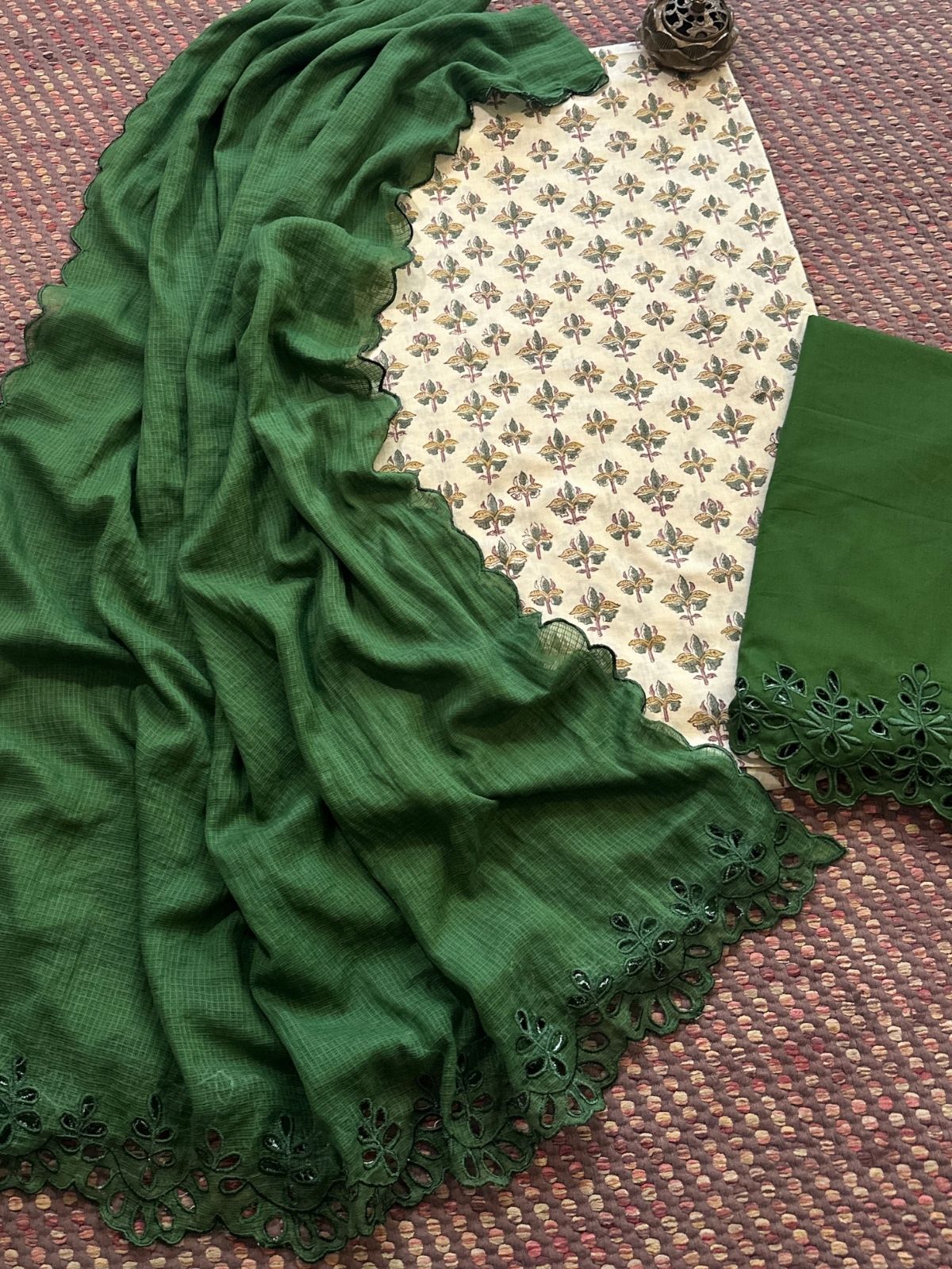 Pure Cotton Hand-blocked Fabric with Cutwork Bottom & Kota Doria Dupatta