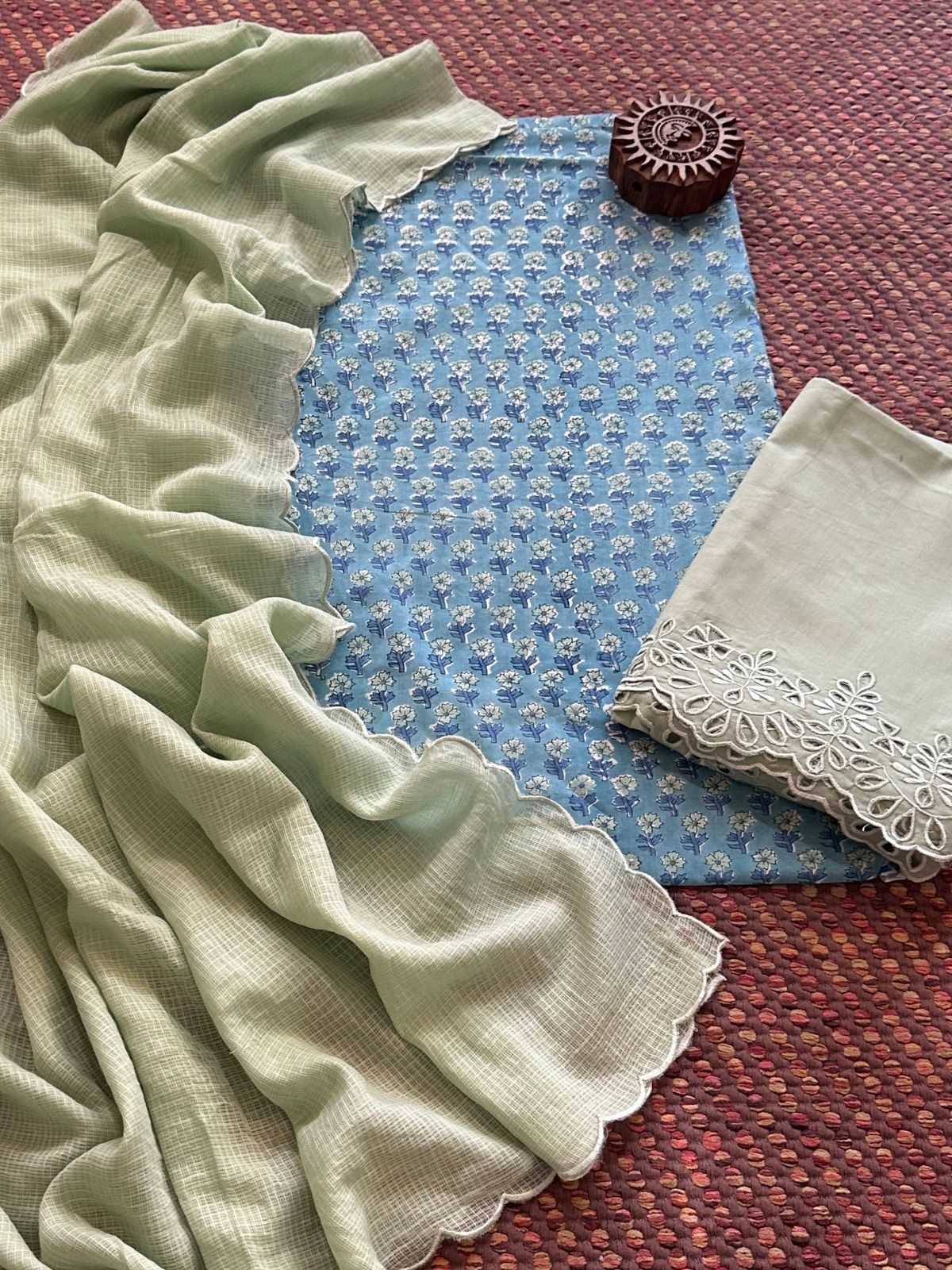 Pure Cotton Hand-blocked Fabric with Cutwork Bottom & Kota Doria Dupatta