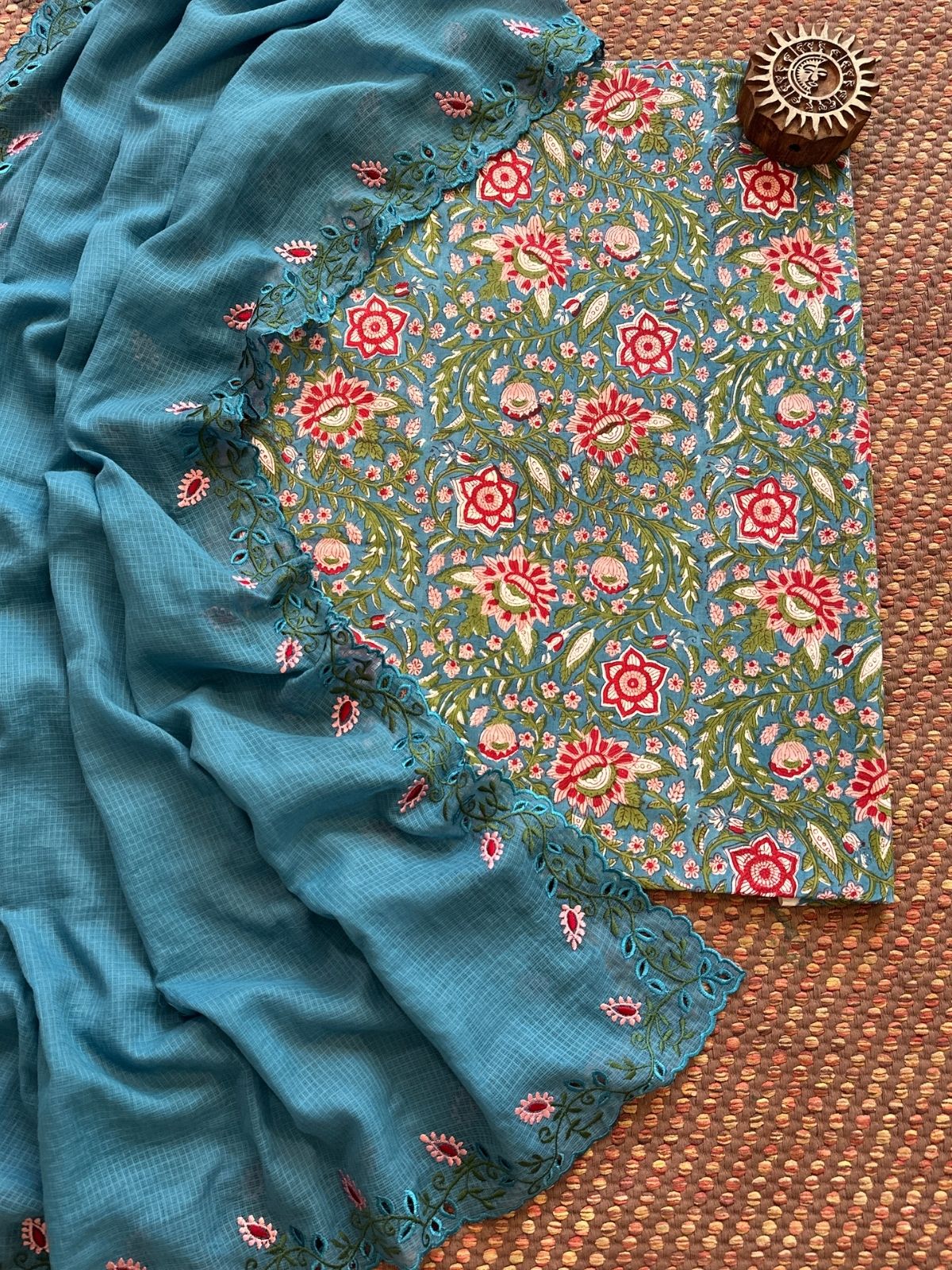 Pure Cotton Handblock Fabric with Cutwork Embroidered Dupatta
