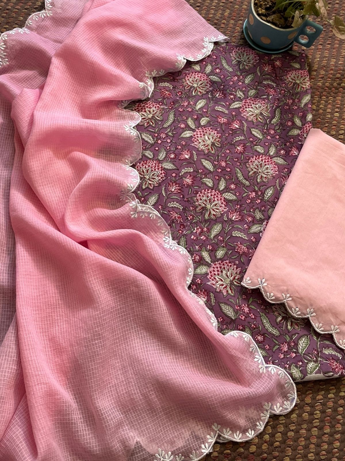 Pure Cotton Handblocked Fabric with Embroidered Dupatta & Bottom