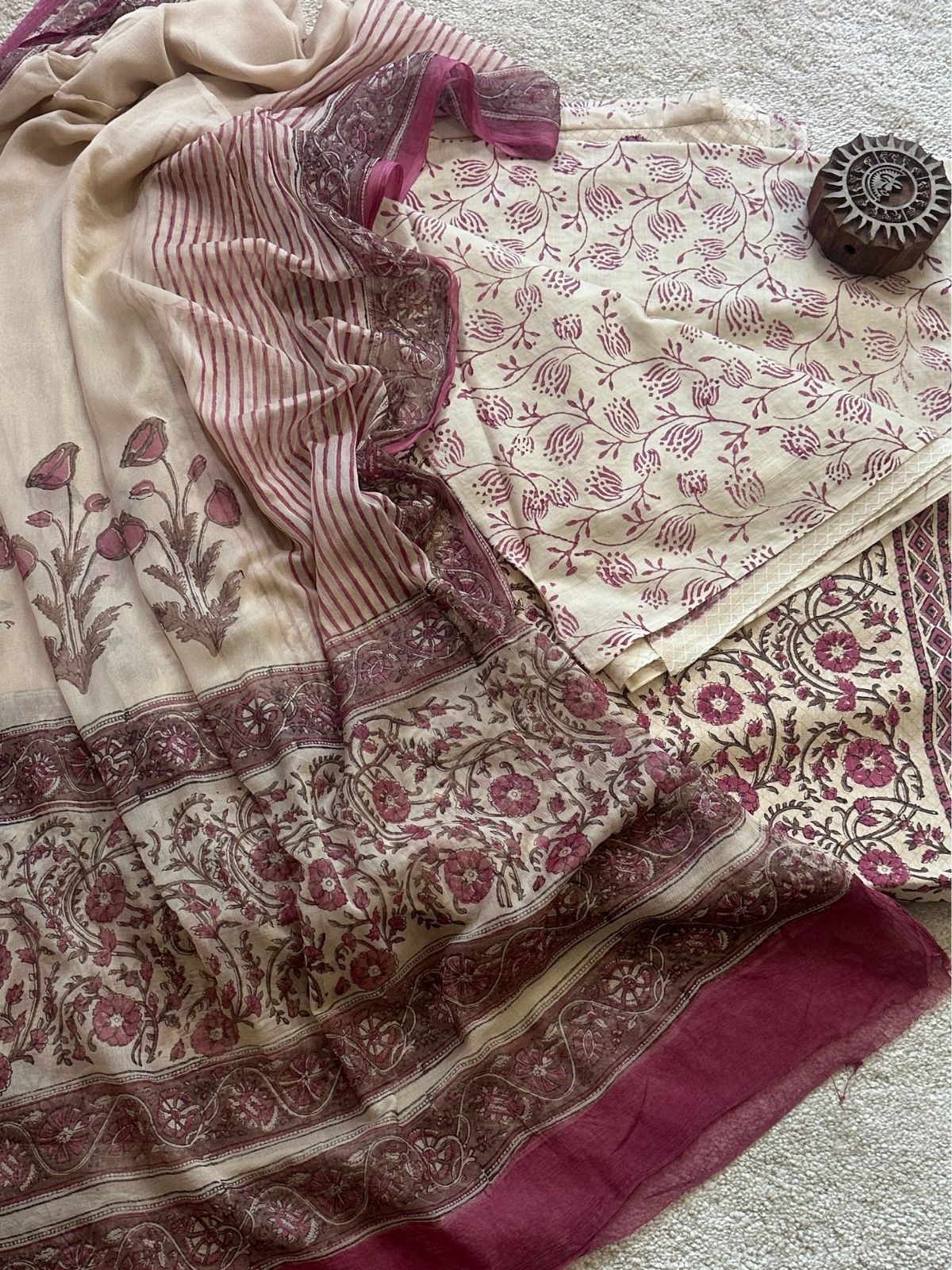 Pure Cotton Handblocked Unstitched Set with pure chiffon Dupatta
