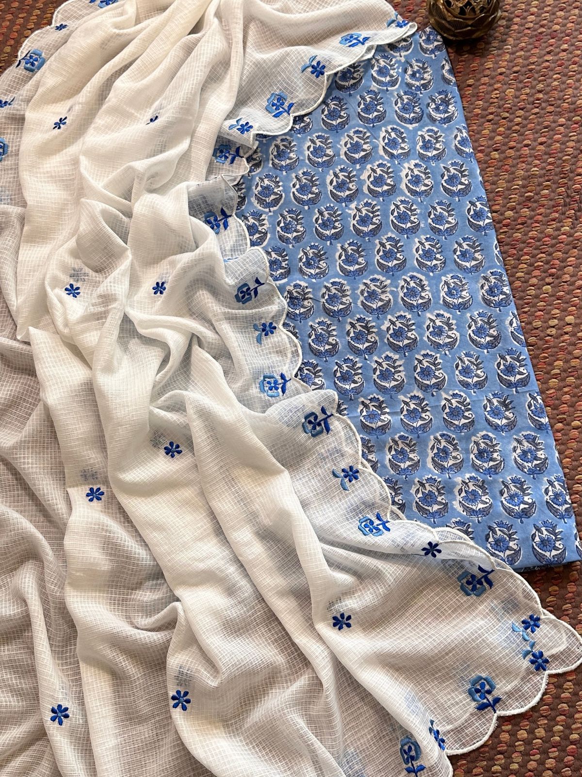 Pure Cotton Handblocked Fabric with Embroidered Dupatta