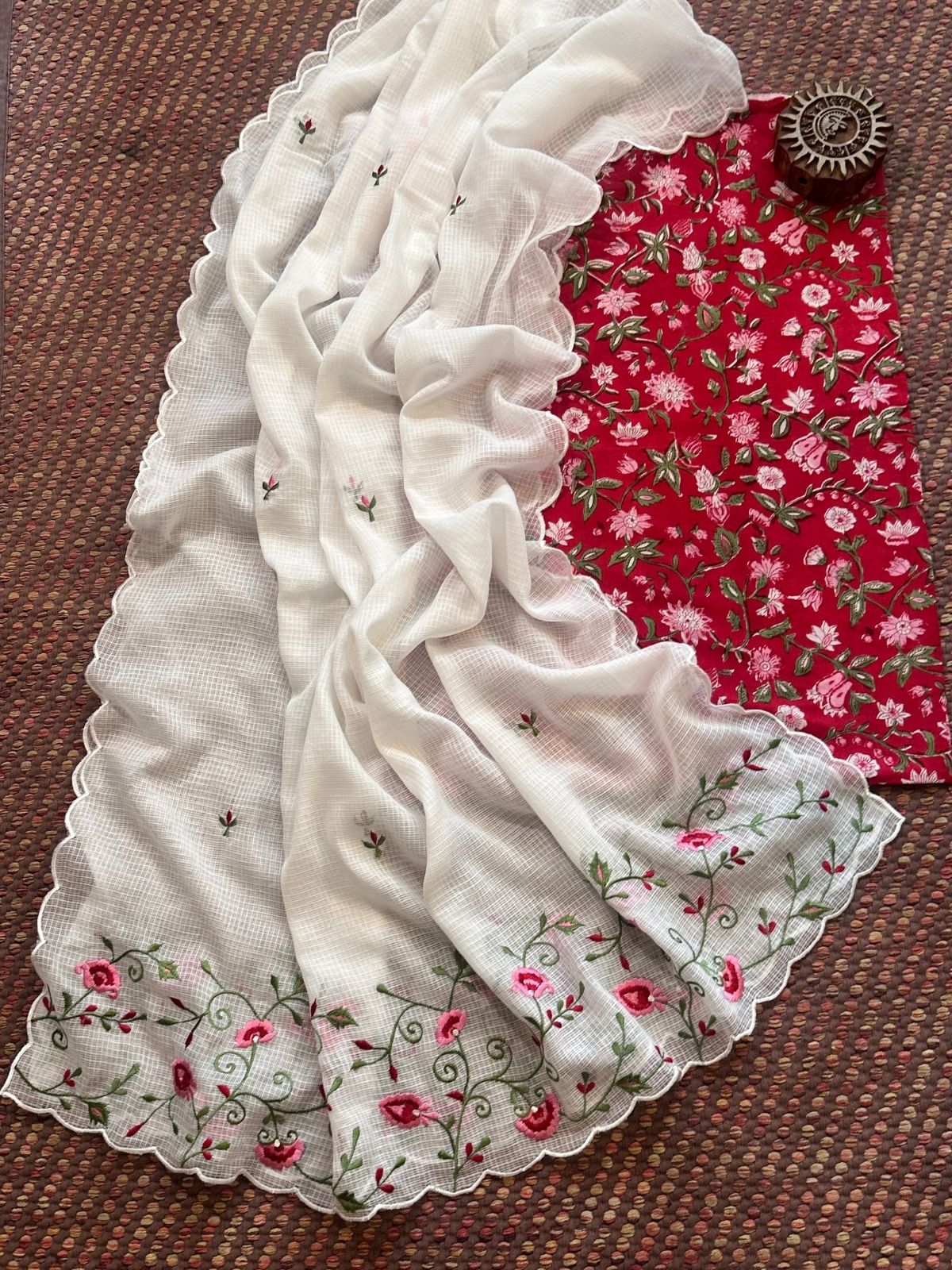 Pure Cotton Handblock Fabric with Exclusive Embroidered Dupatta