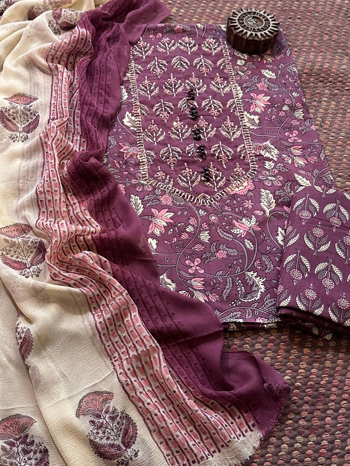 Pure Cotton Handblocked Unstitched Set with pure chiffon Dupatta