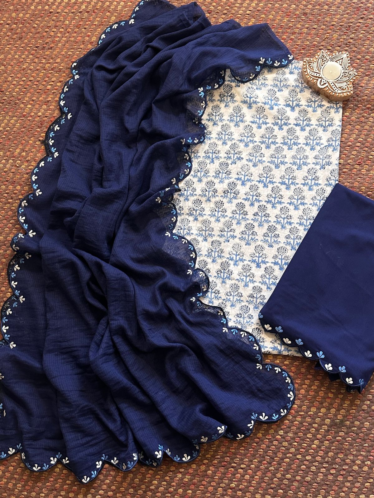 Pure Cotton Hand-block Fabric with Exclusive Embroidered Bottom & Kota Doria Dupatta