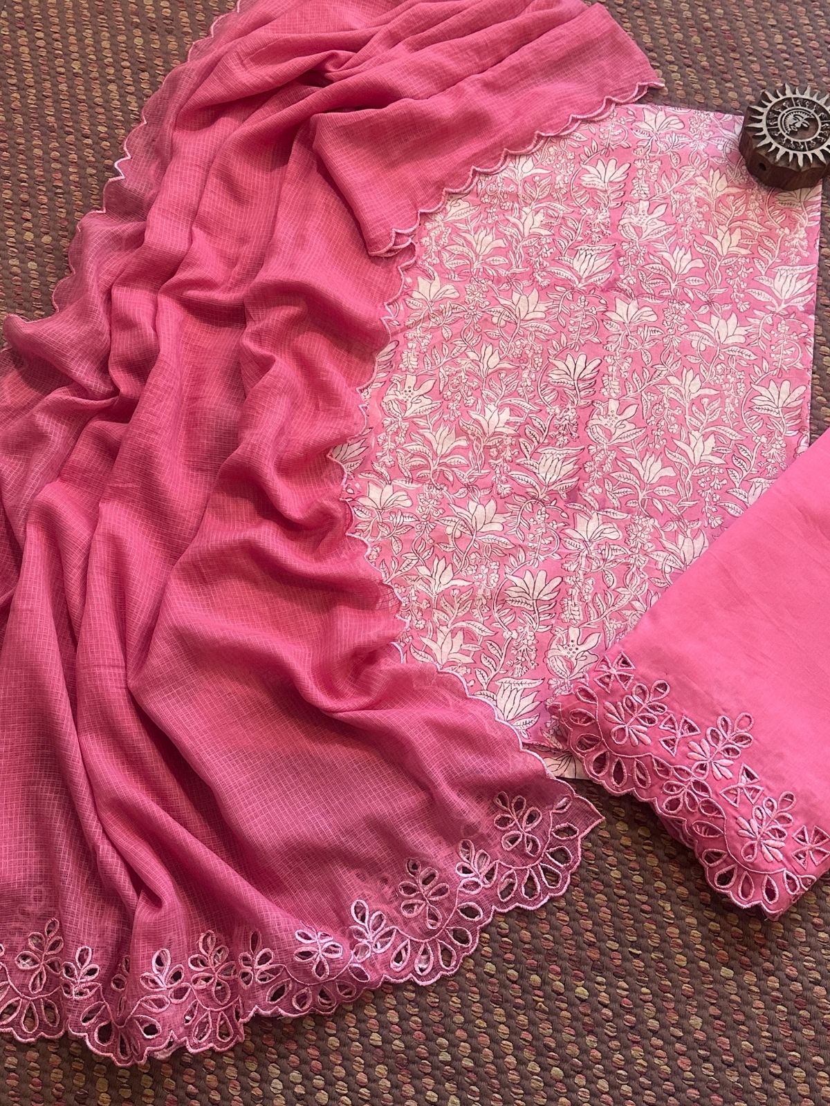 Pure Cotton Hand-blocked Fabric with Cutwork Bottom & Kota Doria Dupatta