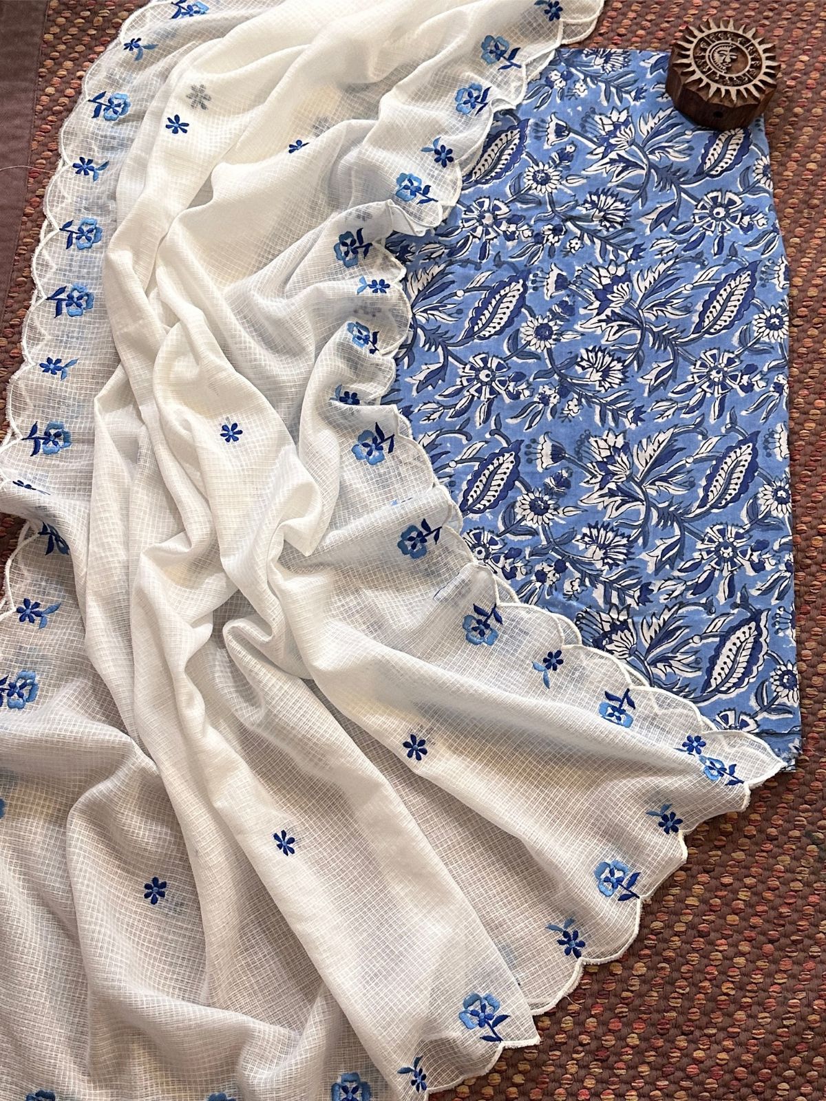 Pure Cotton Handblocked Fabric with Embroidered Dupatta