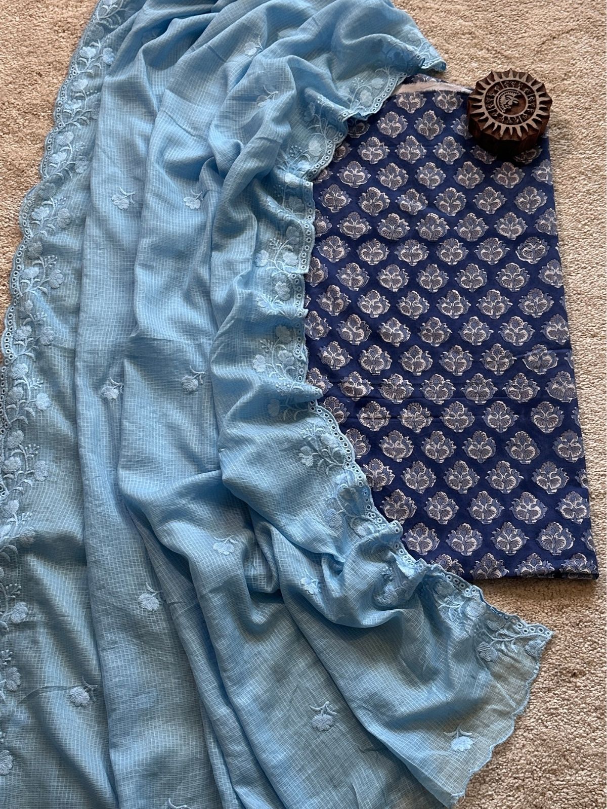 Neelofer Set- Hand-block Fabric with Embroidered Dupatta
