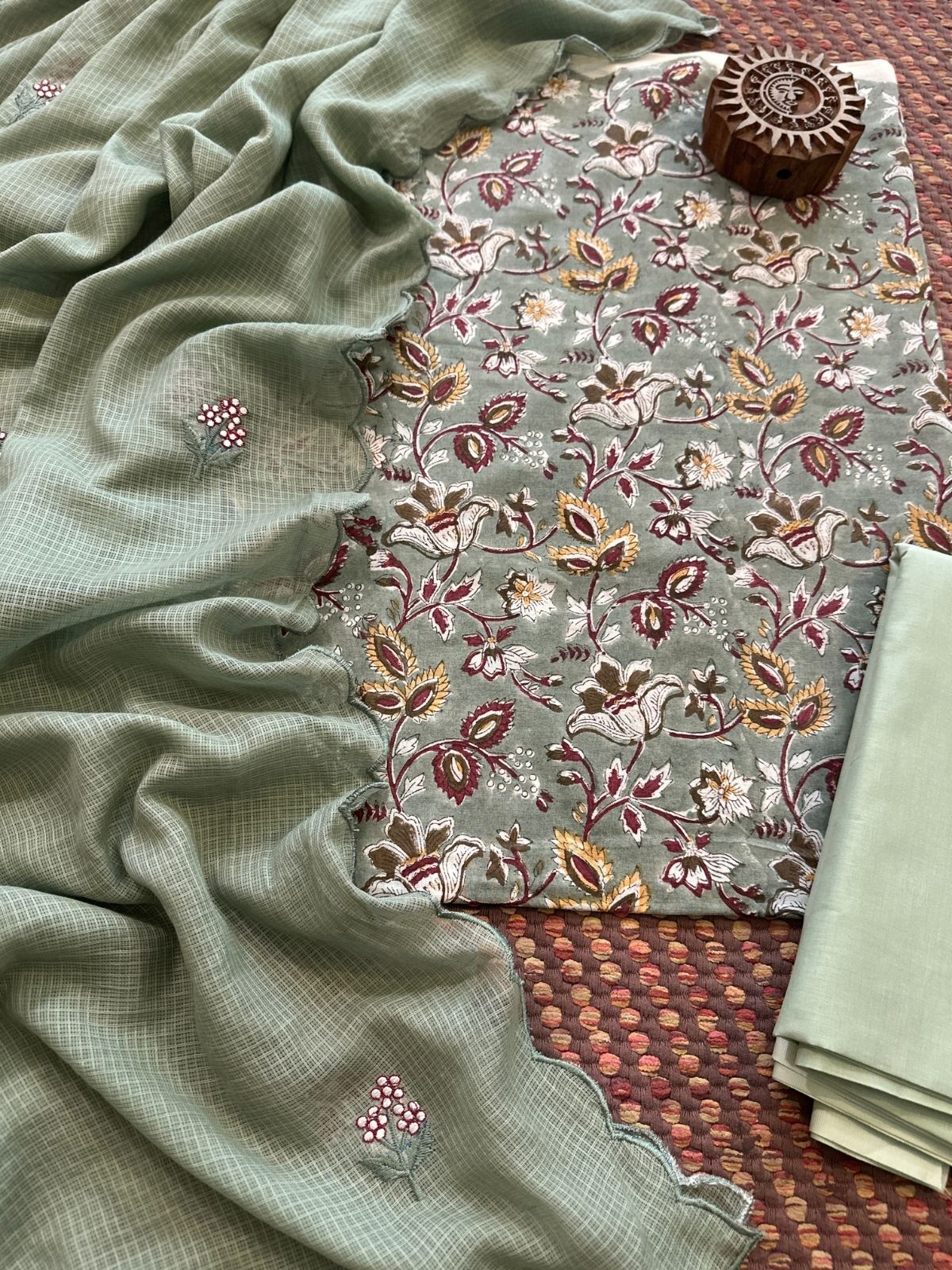 Pure Cotton Hand blocked Set with Embroidered Dupatta