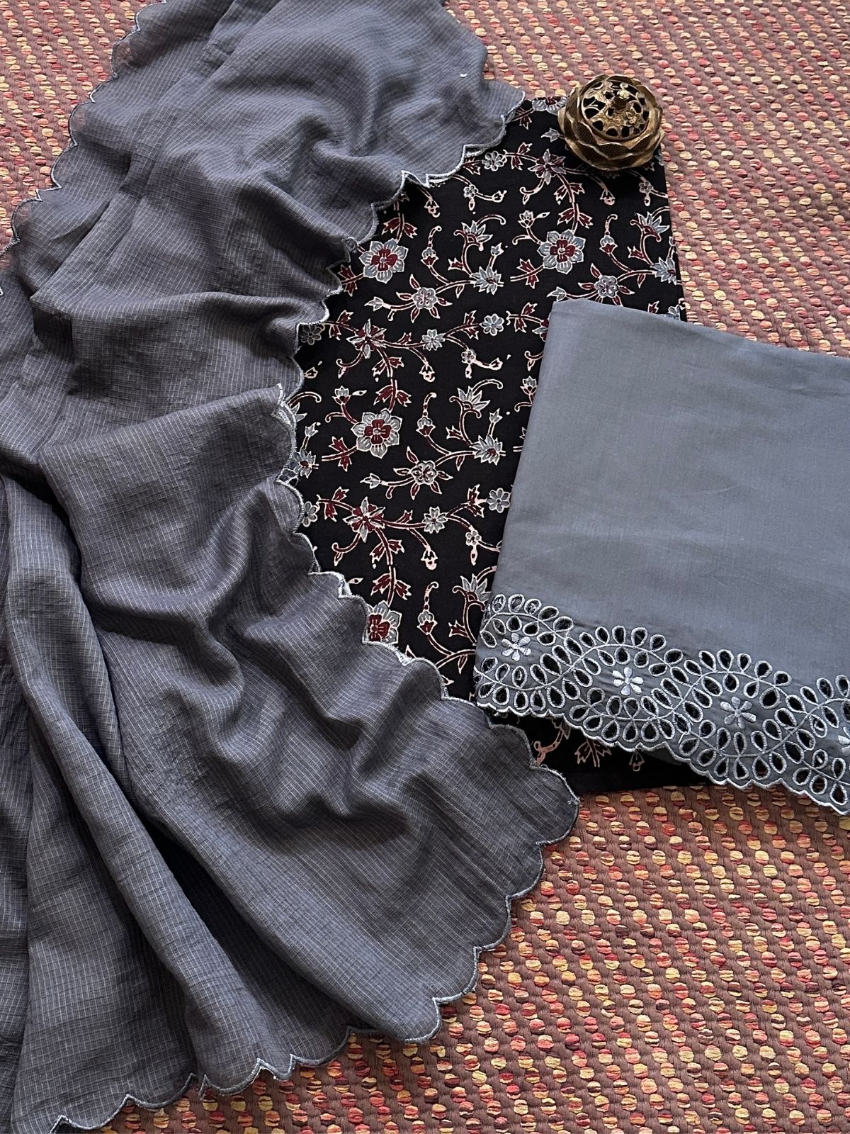 Pure Cotton Mul Ajrak with Scalloped Dupatta & Cutwork Bottom