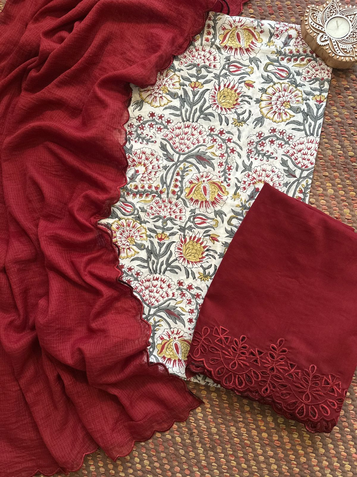 Pure Cotton Hand-blocked Fabric with Cutwork Bottom & Kota Doria Dupatta