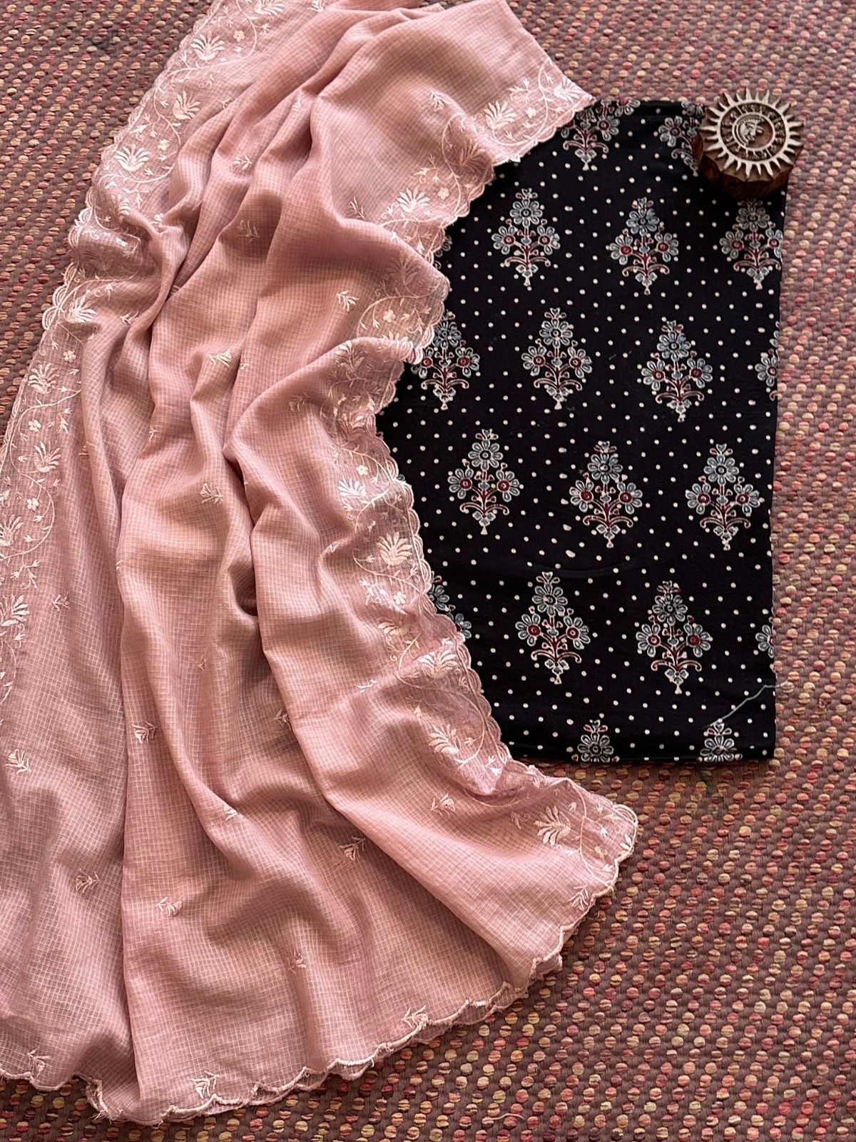 Ajrakh handblocked pure cotton mamal fabric with kota doria embroidered dupatta