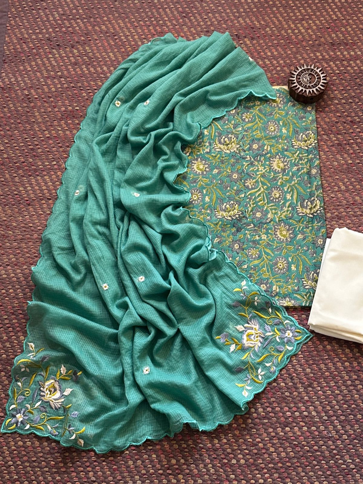Pure Cotton Hand-blocked Fabric with Embroidered Dupatta