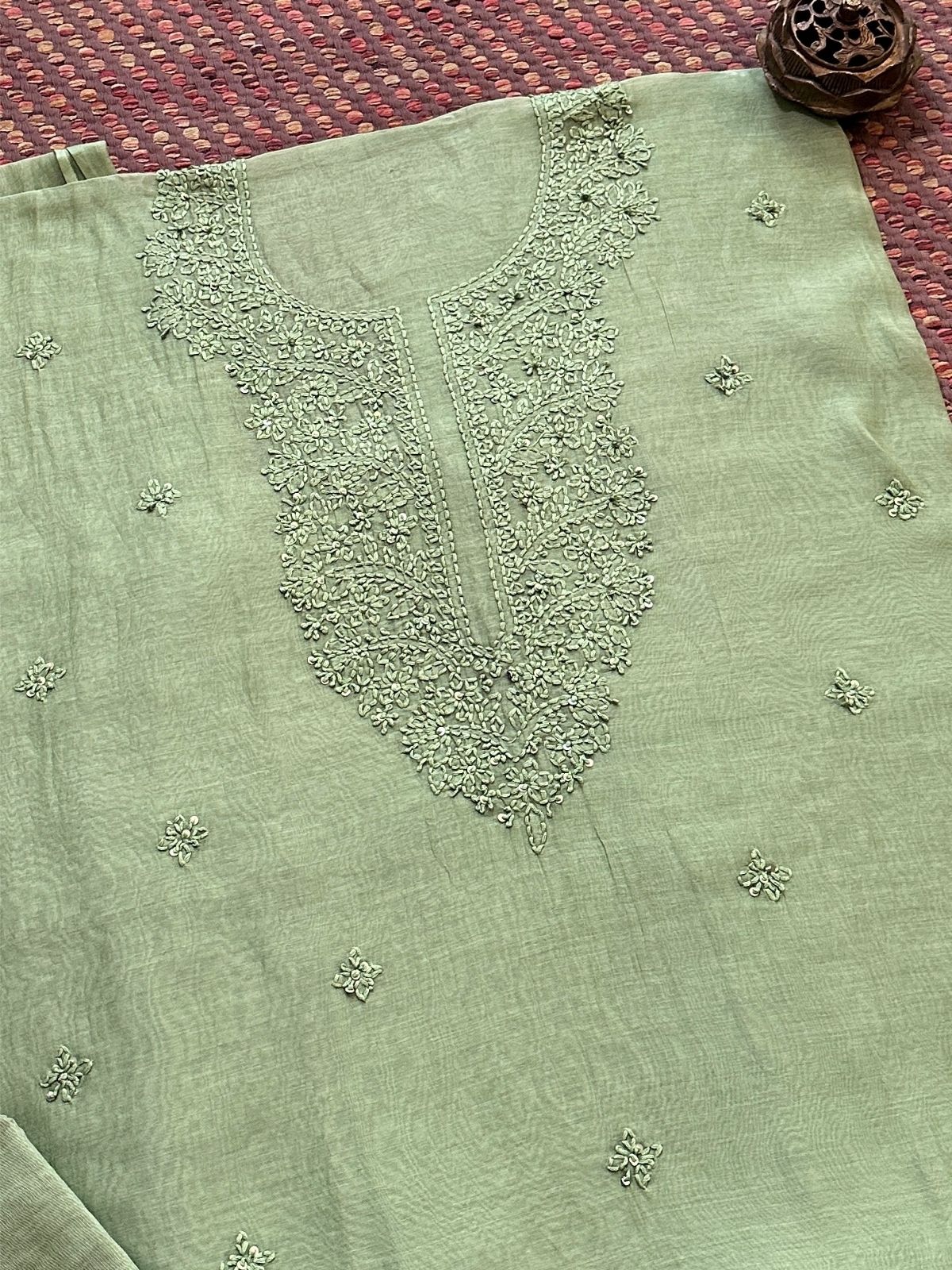 Premium Subtle Green Shade Malmal Maheswari Chikankari Set