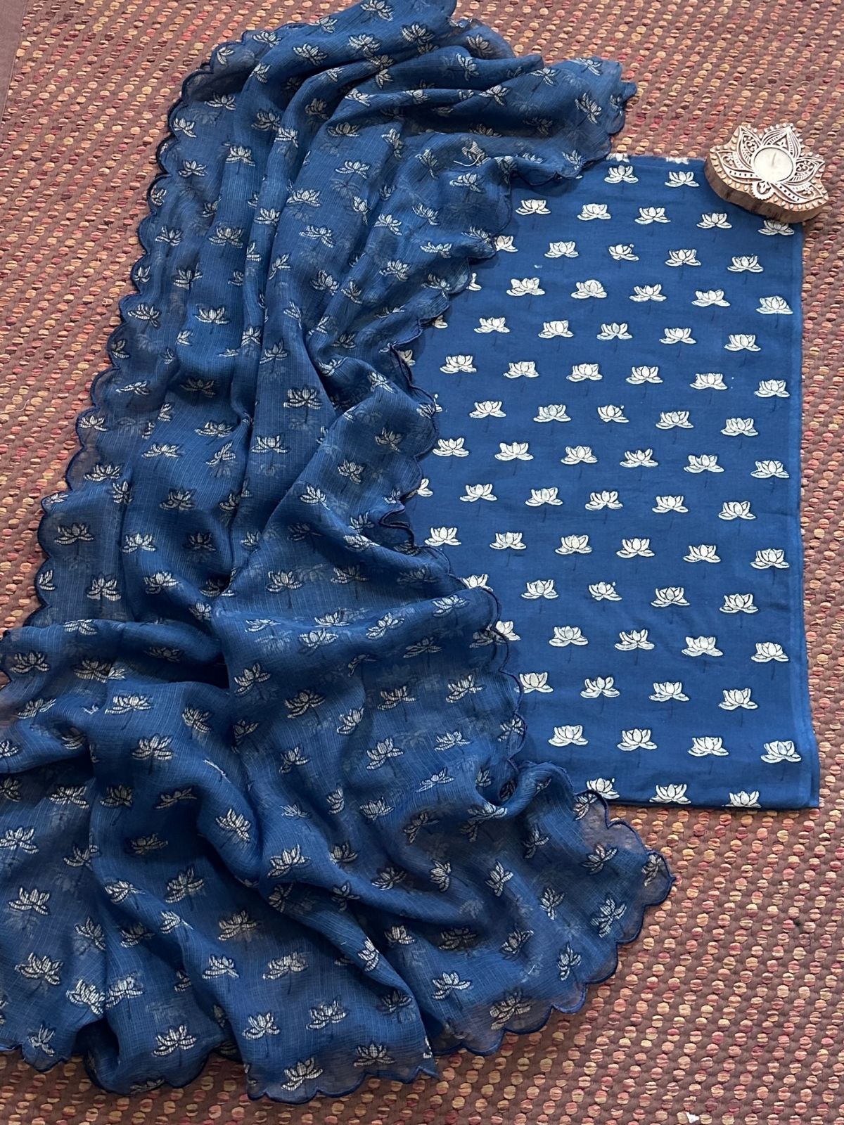 Indigo Pure Cotton Handblocked Fabric with Kota Doria Dupatta Set