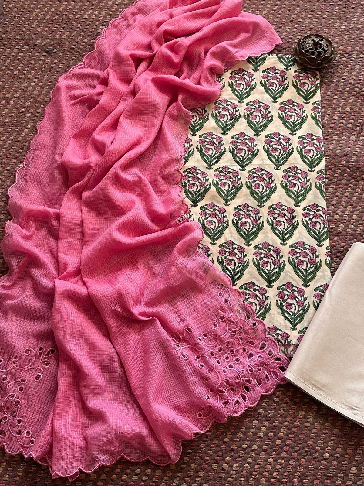 Pure Cotton Hand-blocked Fabric Set with Cutwork Kota Doria Dupatta