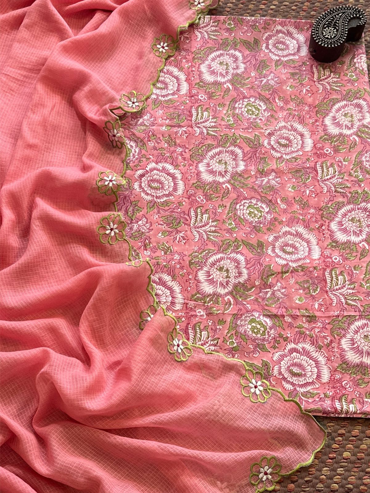 Pure Cotton Hand blocked fabric paired with a embroidered kota doria dupatta.