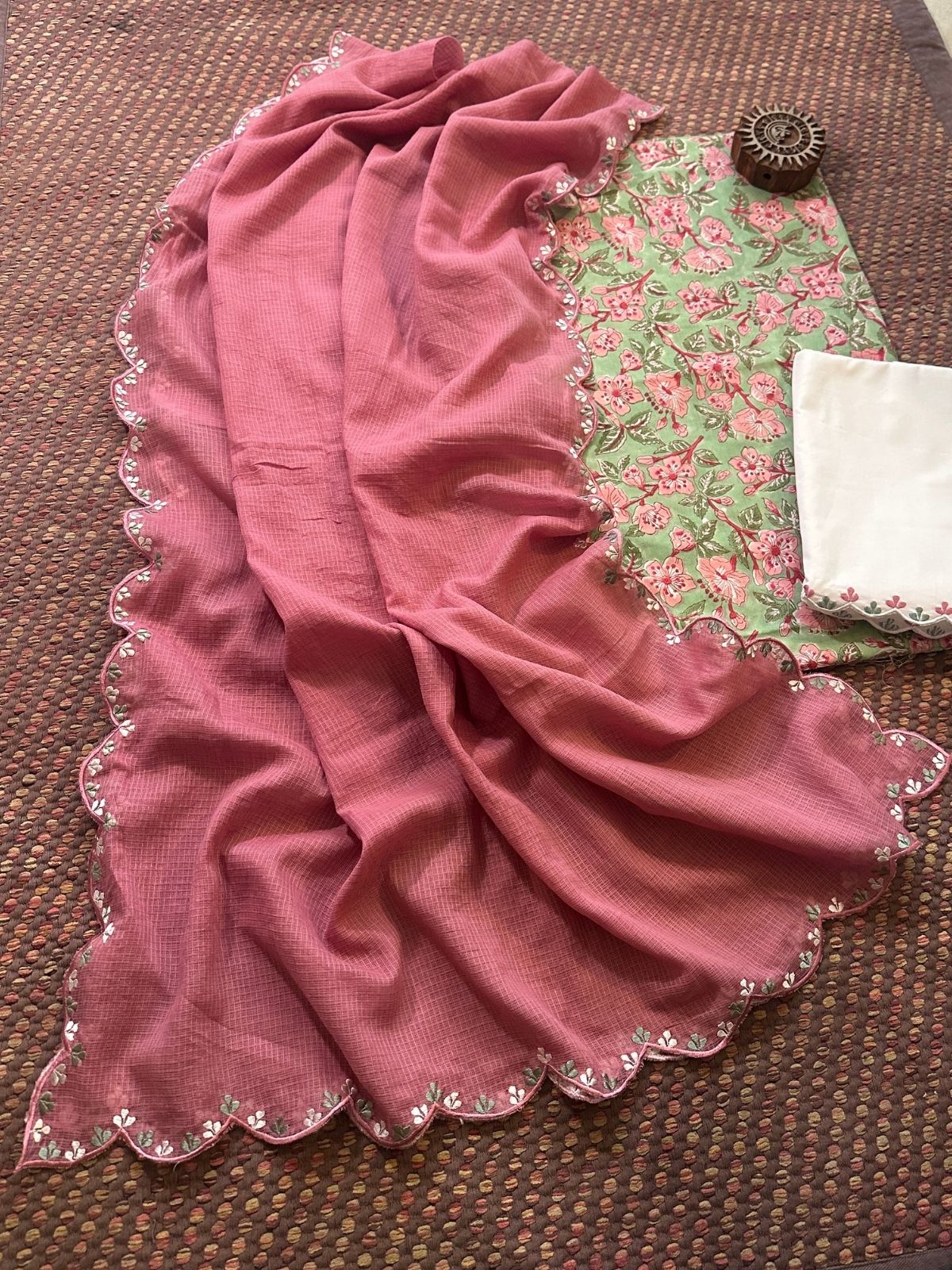 Pure Cotton Hand-block Fabric with Exclusive Embroidered Bottom & Kota Doria Dupatta