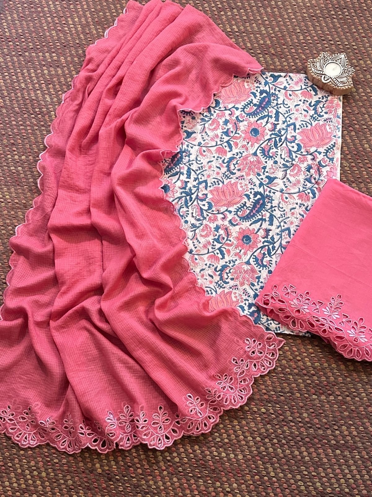 Pure Cotton Hand-blocked Fabric with Cutwork Bottom & Kota Doria Dupatta