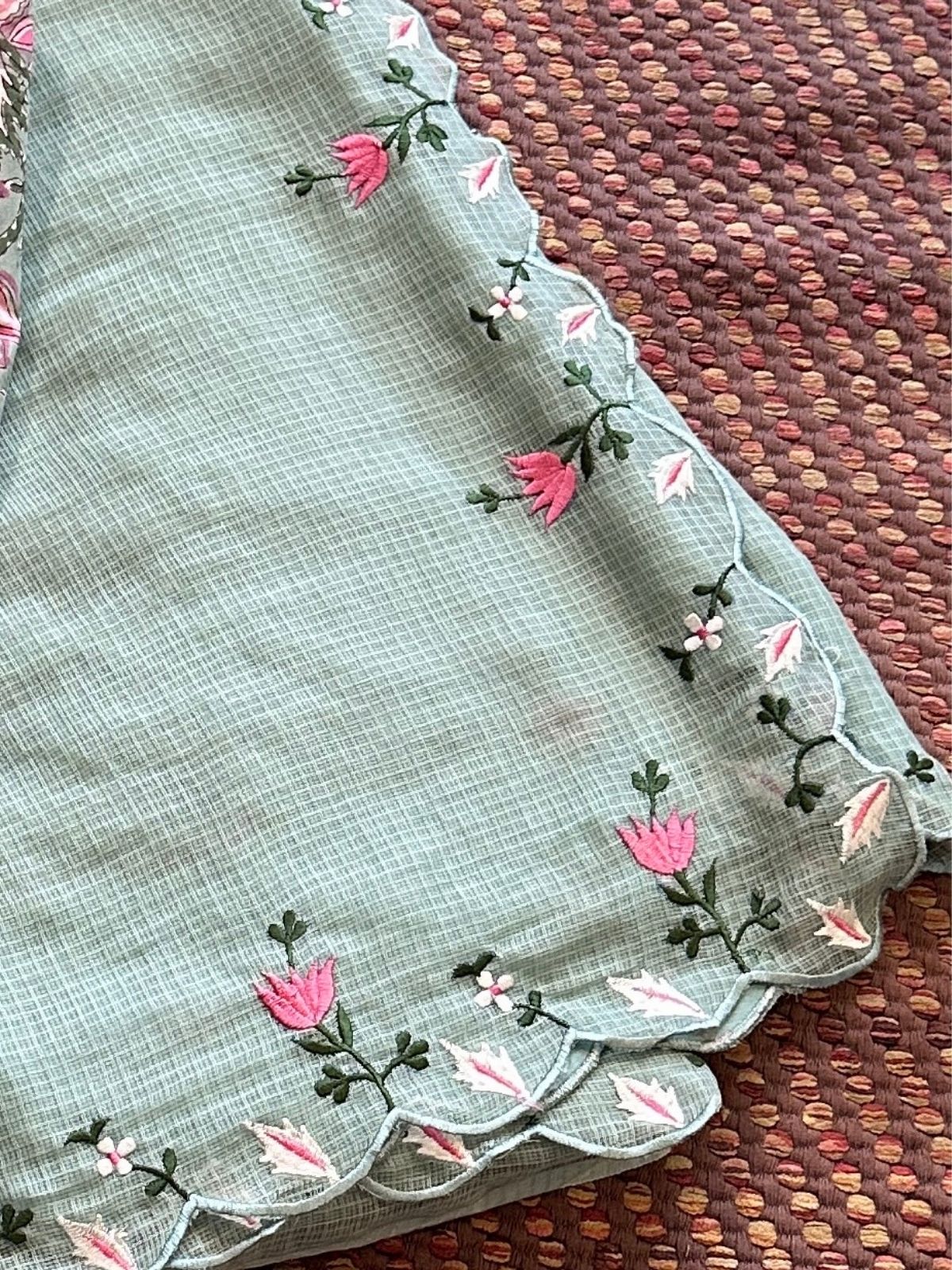 Kota Doria Embroidered Saree with Hand-blocked pure cotton Blouse Fabric