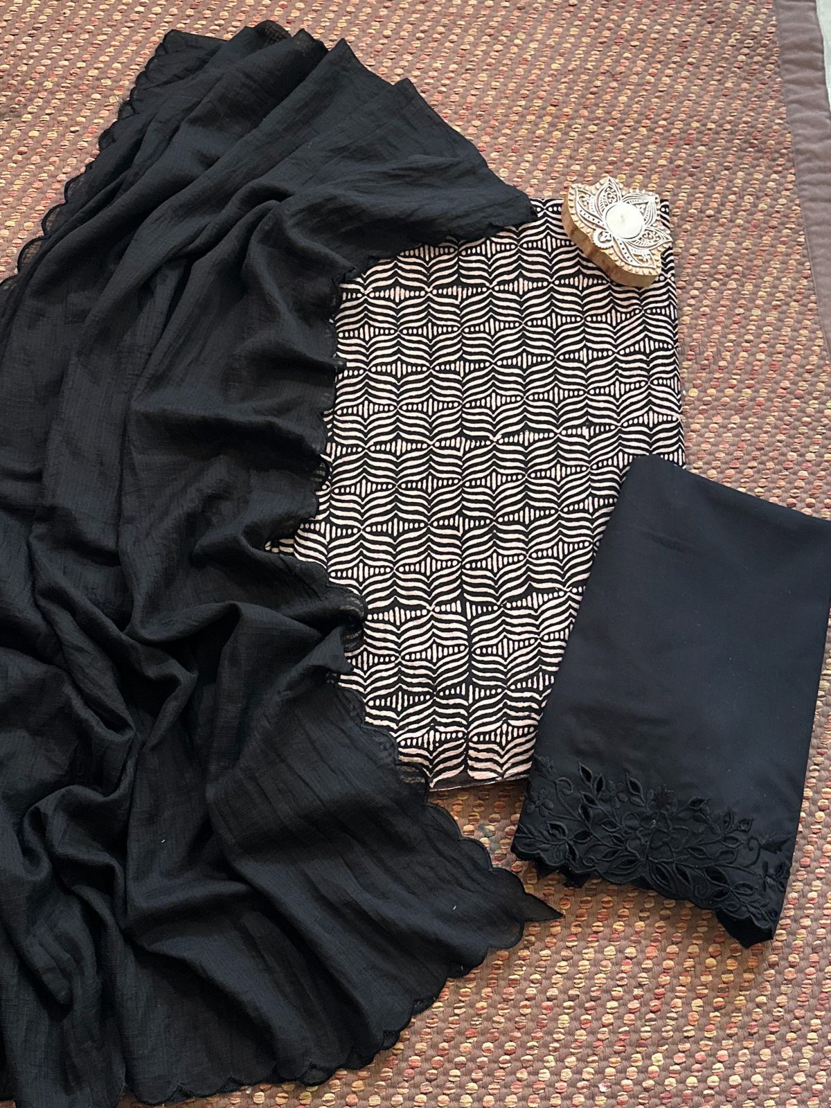 Pure Cotton Mul Ajrak with Scalloped Dupatta & Cutwork Bottom
