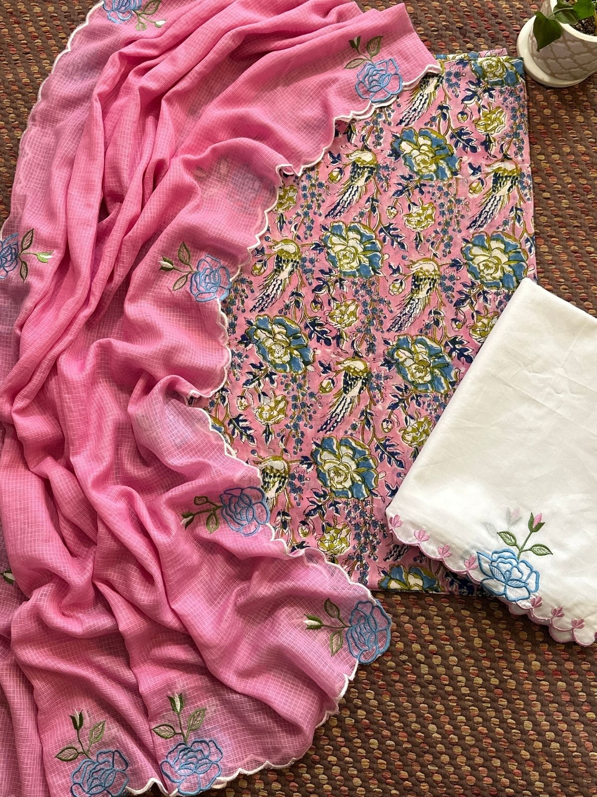 Pure Cotton Malmal Hand-block Fabric with Embroidered Bottom & Kota Doria Dupatta