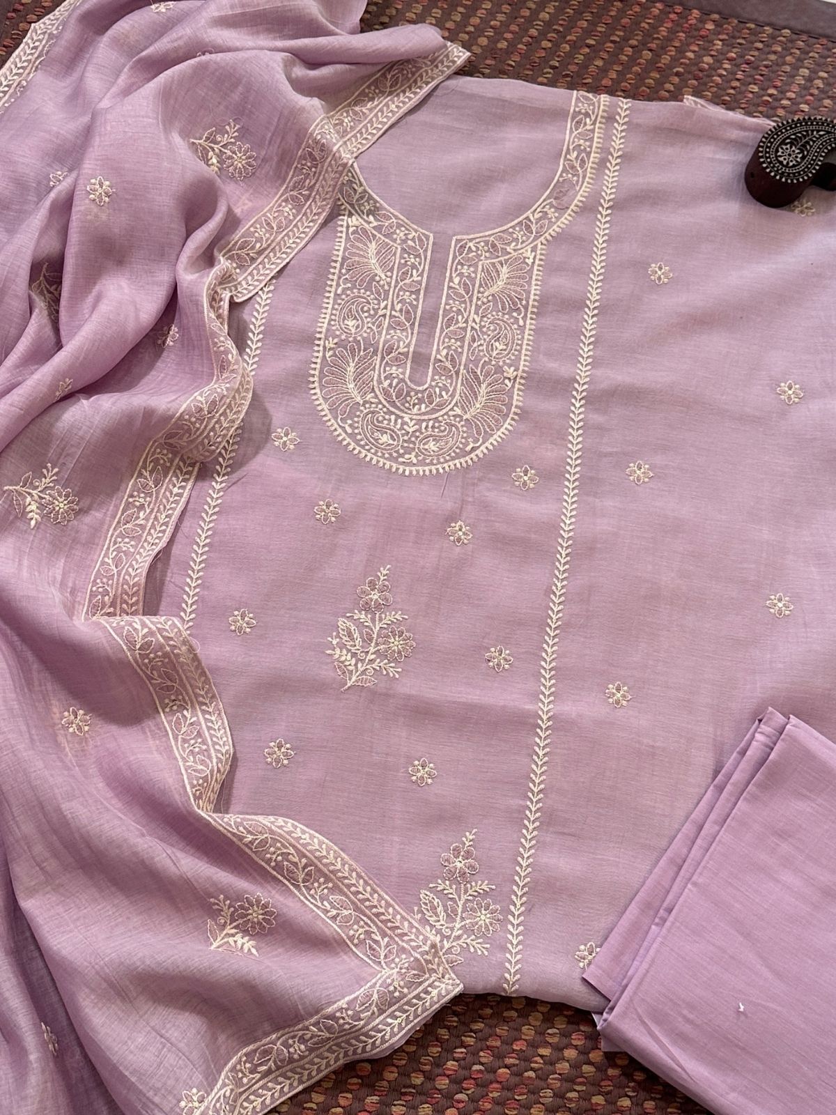 Malmal Maheshwari Silk Embroidered Unstitched Set
