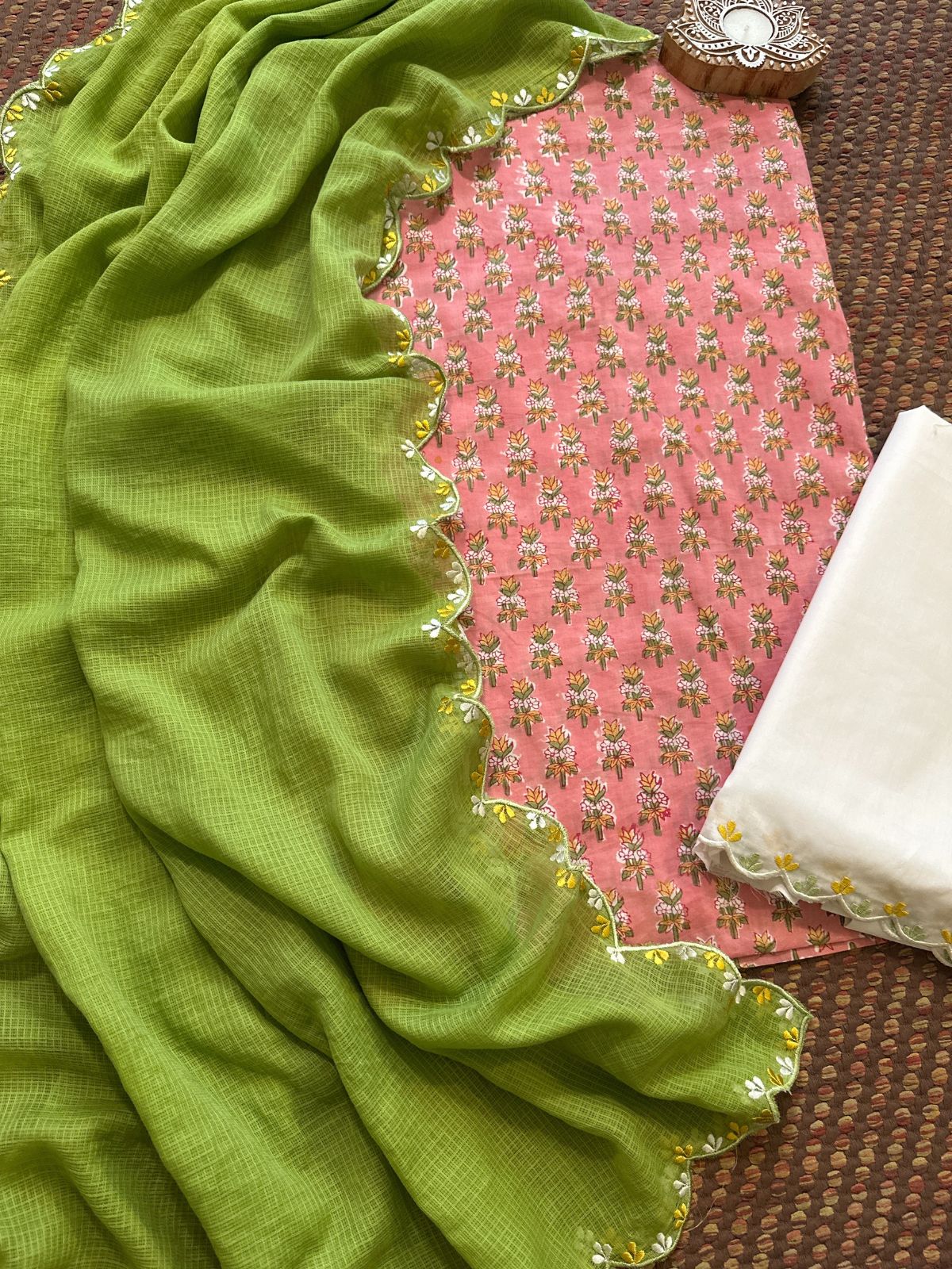 Pure Cotton Hand blocked Set with Embroidered Dupatta