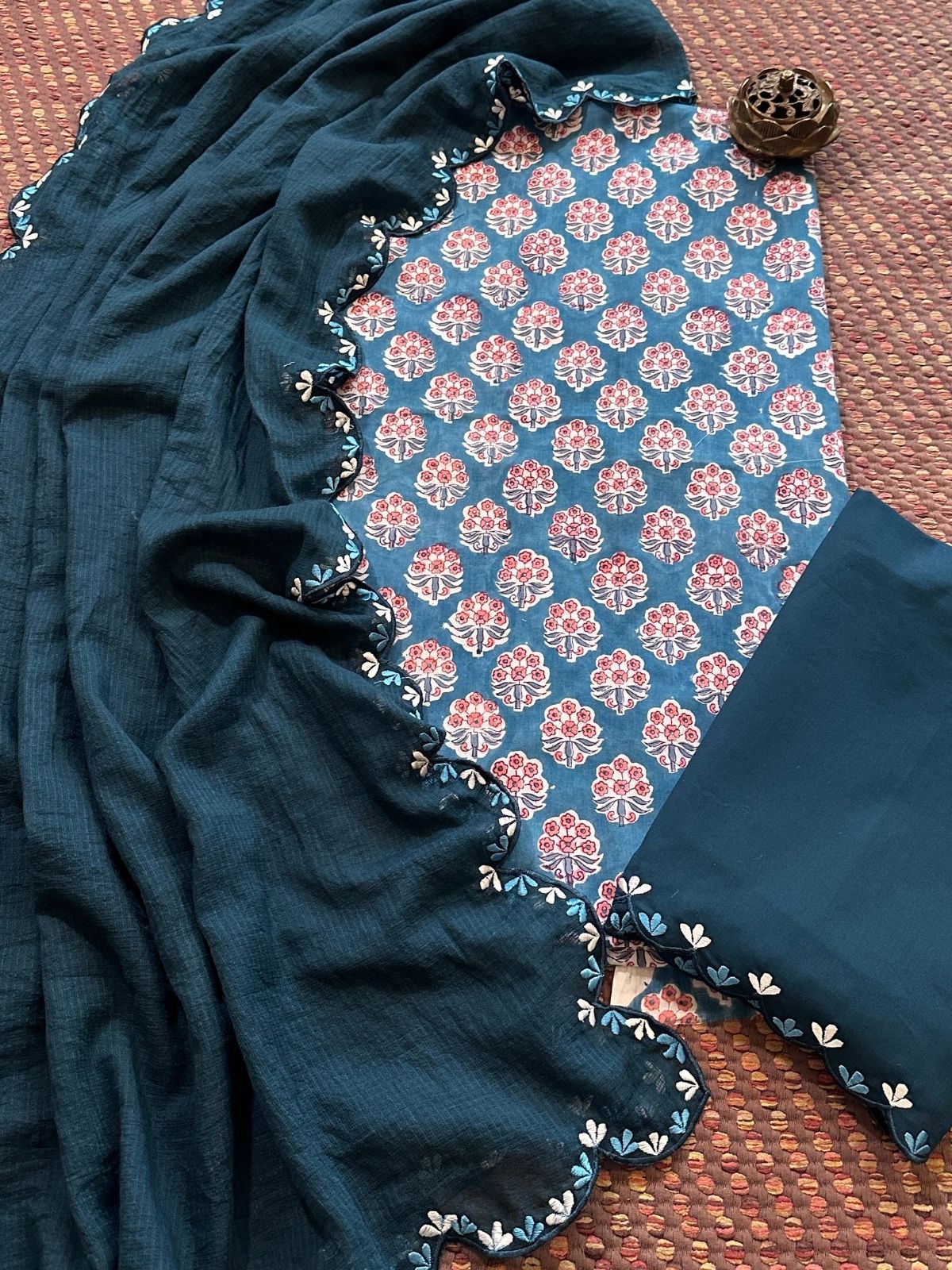 Pure Cotton Hand-block Fabric with Embroidered Bottom & Kota Doria Dupatta