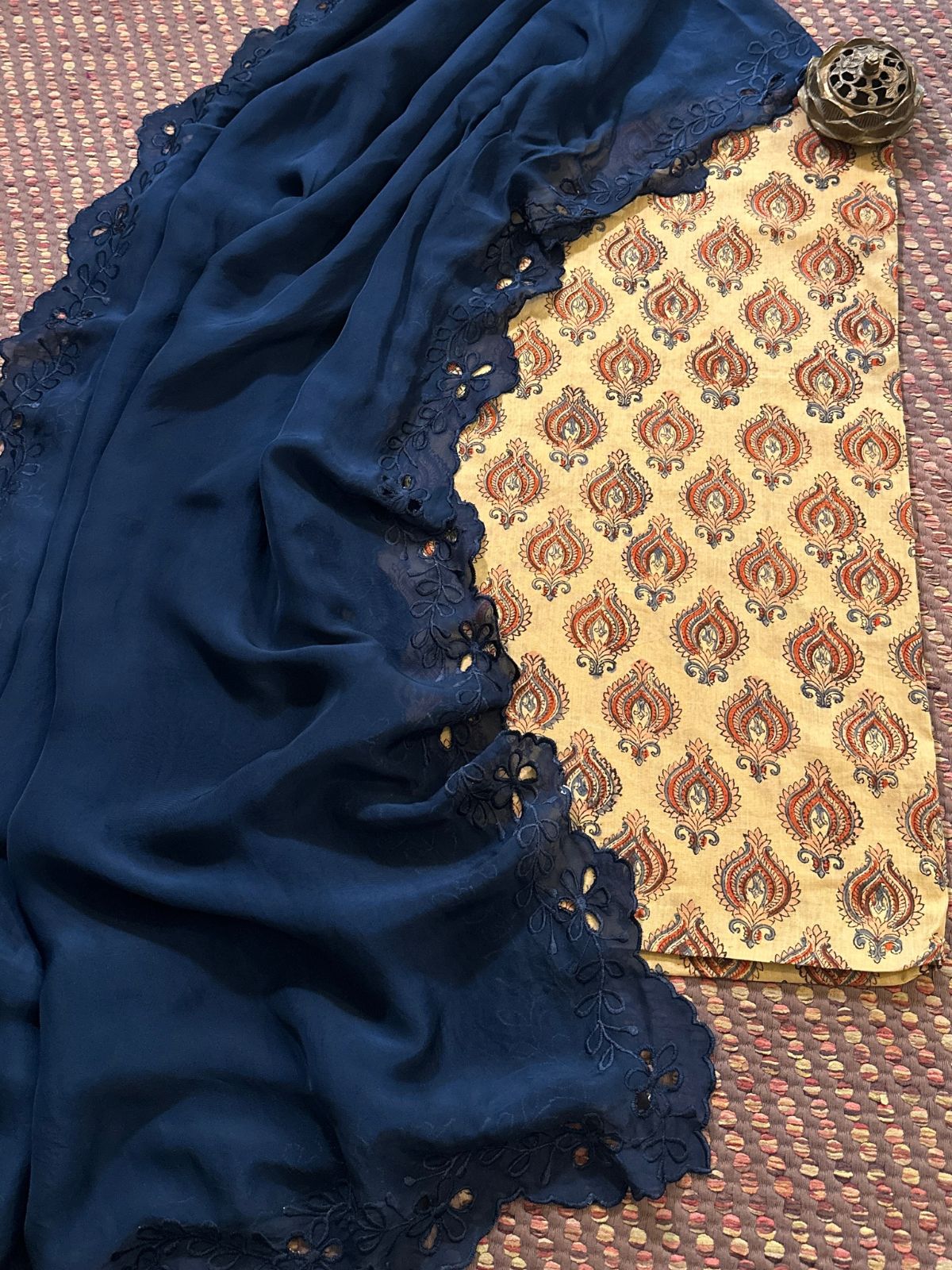 Pure Cotton malmal Handblocked Fabric with Exclusive Cutwork Organza Dupatta