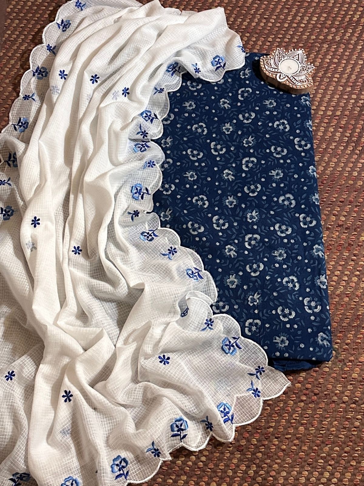 Pure Cotton Indigo Hand-block Fabric with Exclusive Embroidered Kota Doria Dupatta