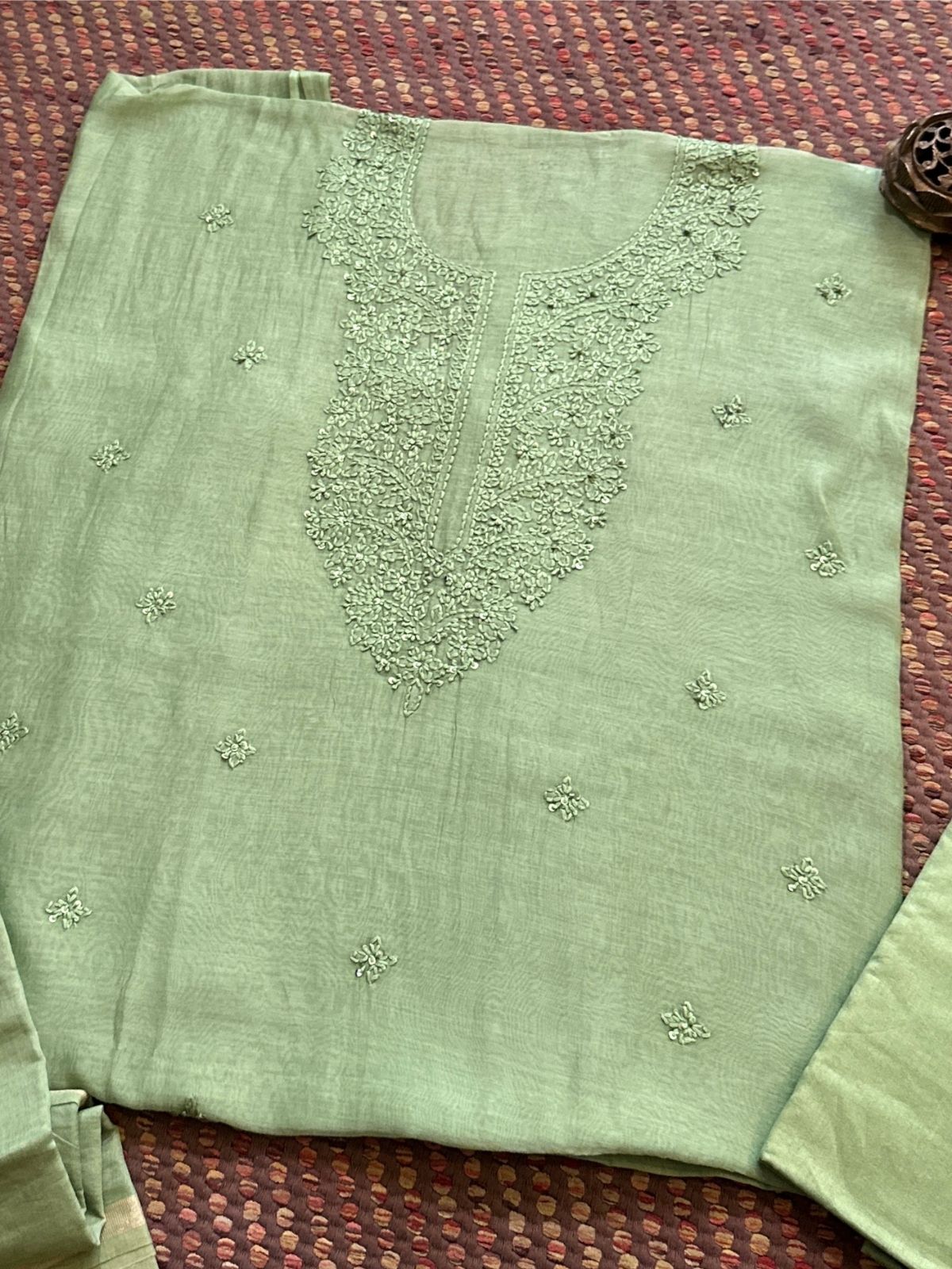 Premium Subtle Green Shade Malmal Maheswari Chikankari Set