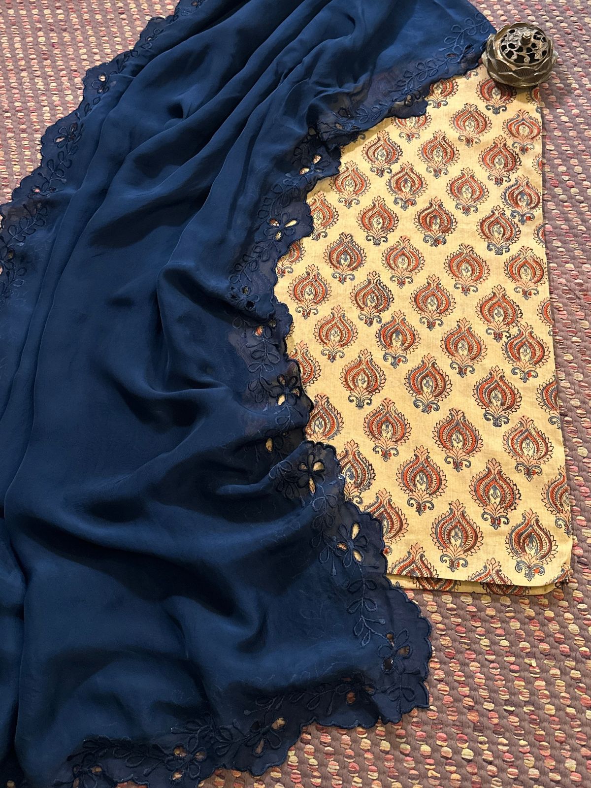 Pure Cotton malmal Handblocked Fabric with Exclusive Cutwork Organza Dupatta