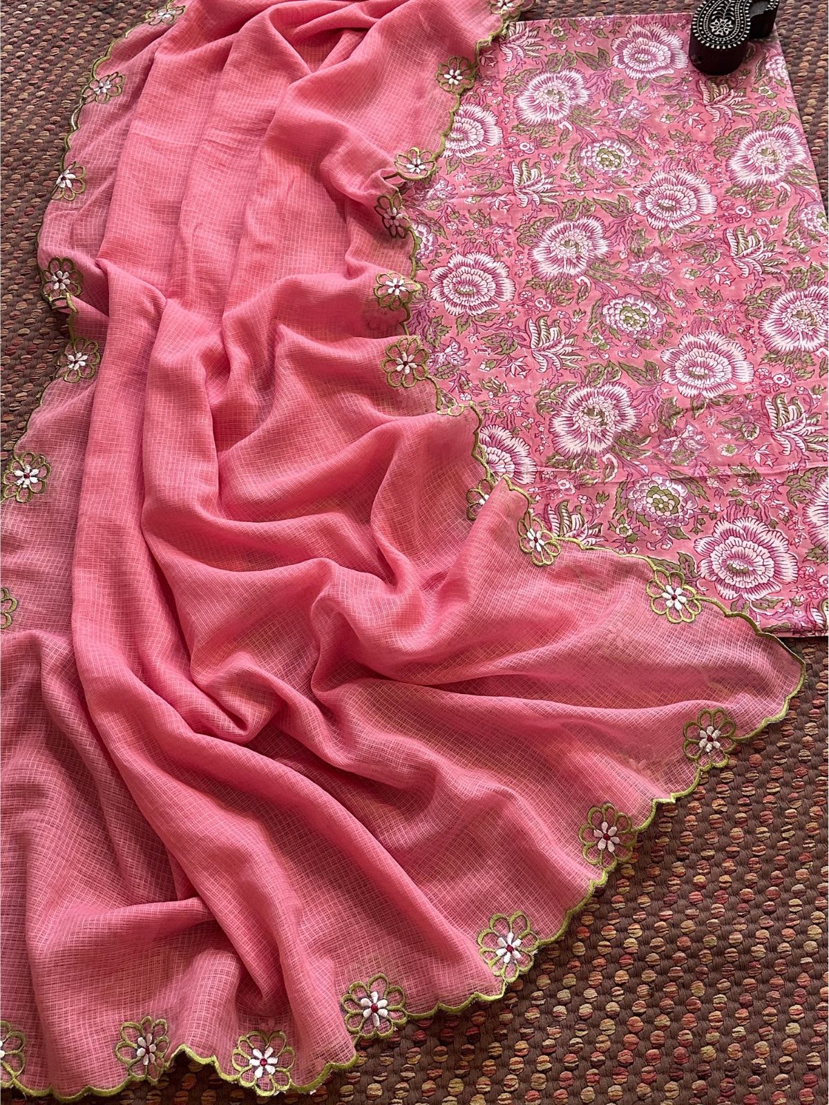 Pure Cotton Hand blocked fabric paired with a embroidered kota doria dupatta.