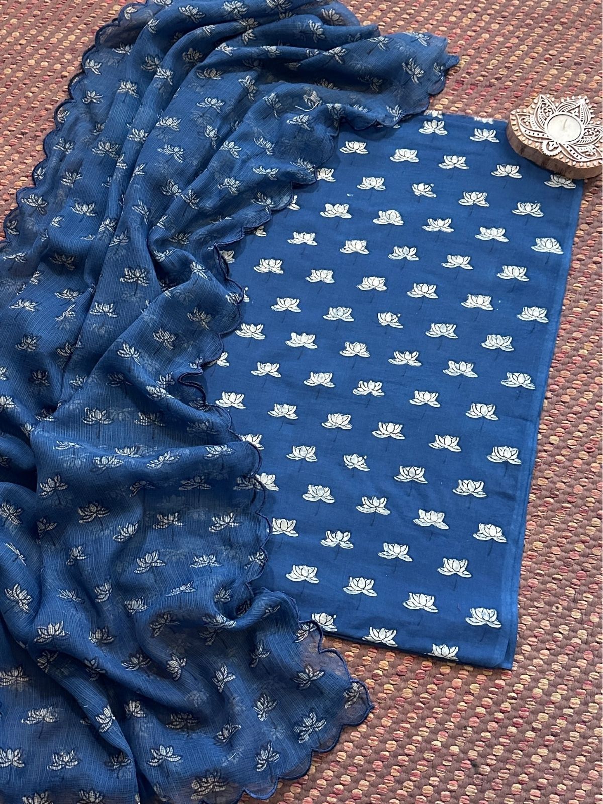 Indigo Pure Cotton Handblocked Fabric with Kota Doria Dupatta Set