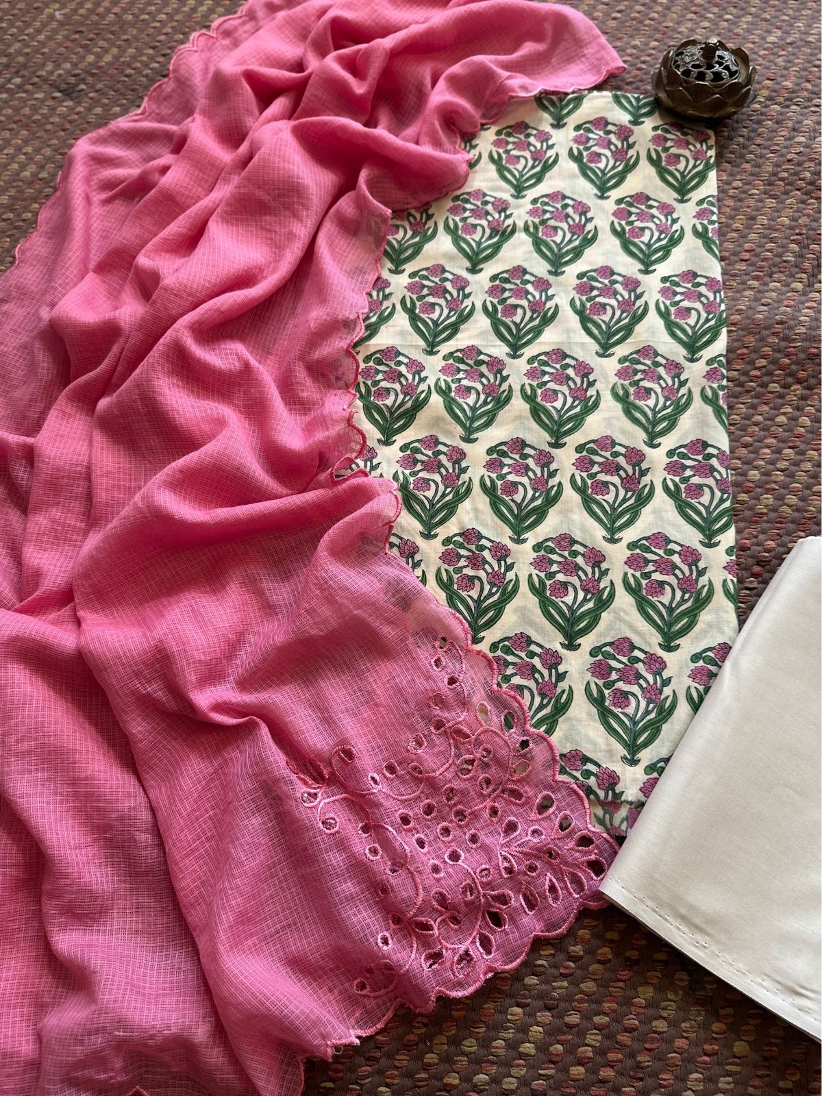 Pure Cotton Hand-blocked Fabric Set with Cutwork Kota Doria Dupatta