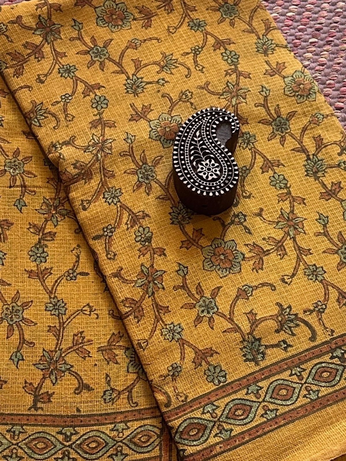Ajrak Handblocked Kota Doria Embroidered Saree with Blouse Fabric