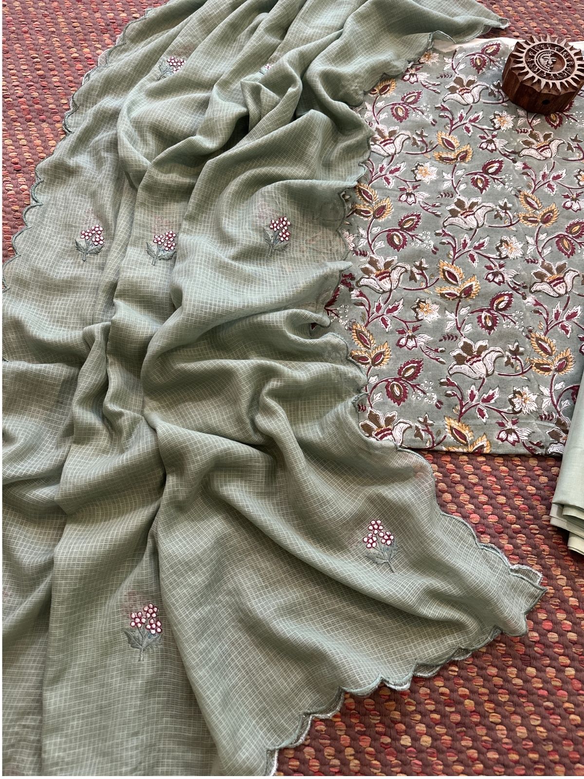 Pure Cotton Hand blocked Set with Embroidered Dupatta