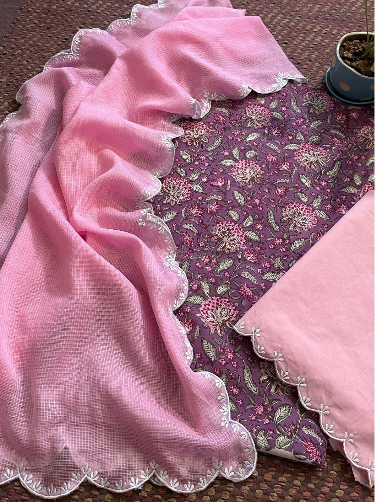 Pure Cotton Handblocked Fabric with Embroidered Dupatta & Bottom