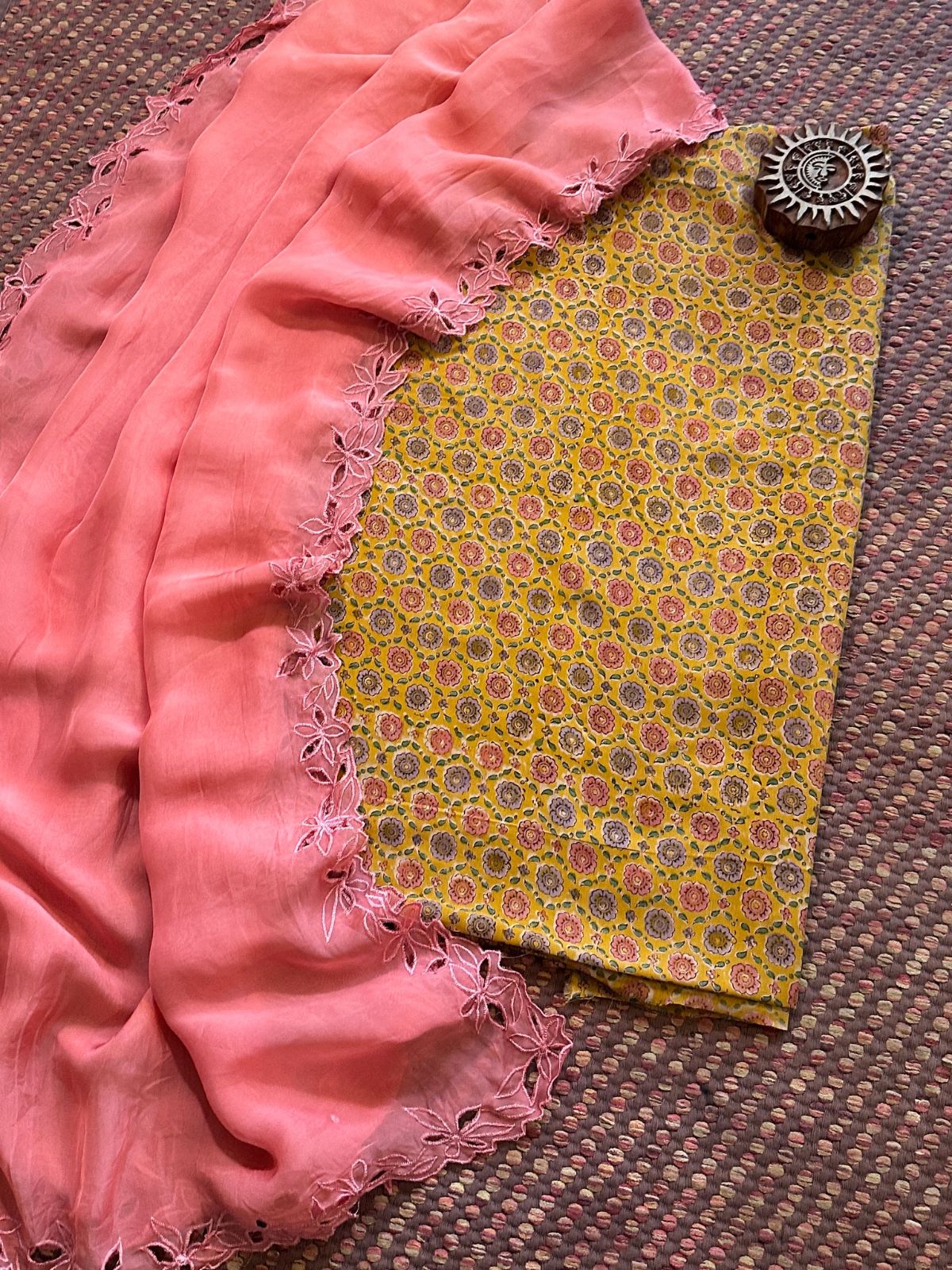 Pure Cotton Malmal Handblocked Fabric with Exclusive Cutwork Organza Dupatta