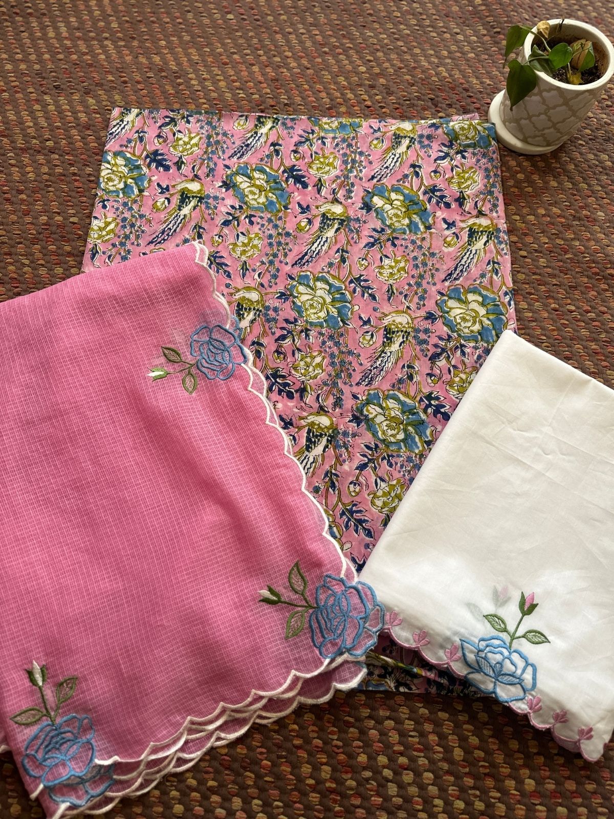Pure Cotton Malmal Hand-block Fabric with Embroidered Bottom & Kota Doria Dupatta