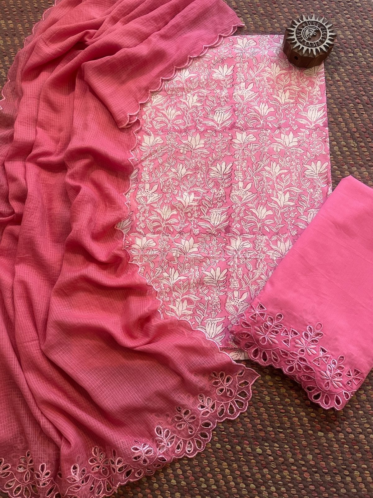 Pure Cotton Hand-blocked Fabric with Cutwork Bottom & Kota Doria Dupatta