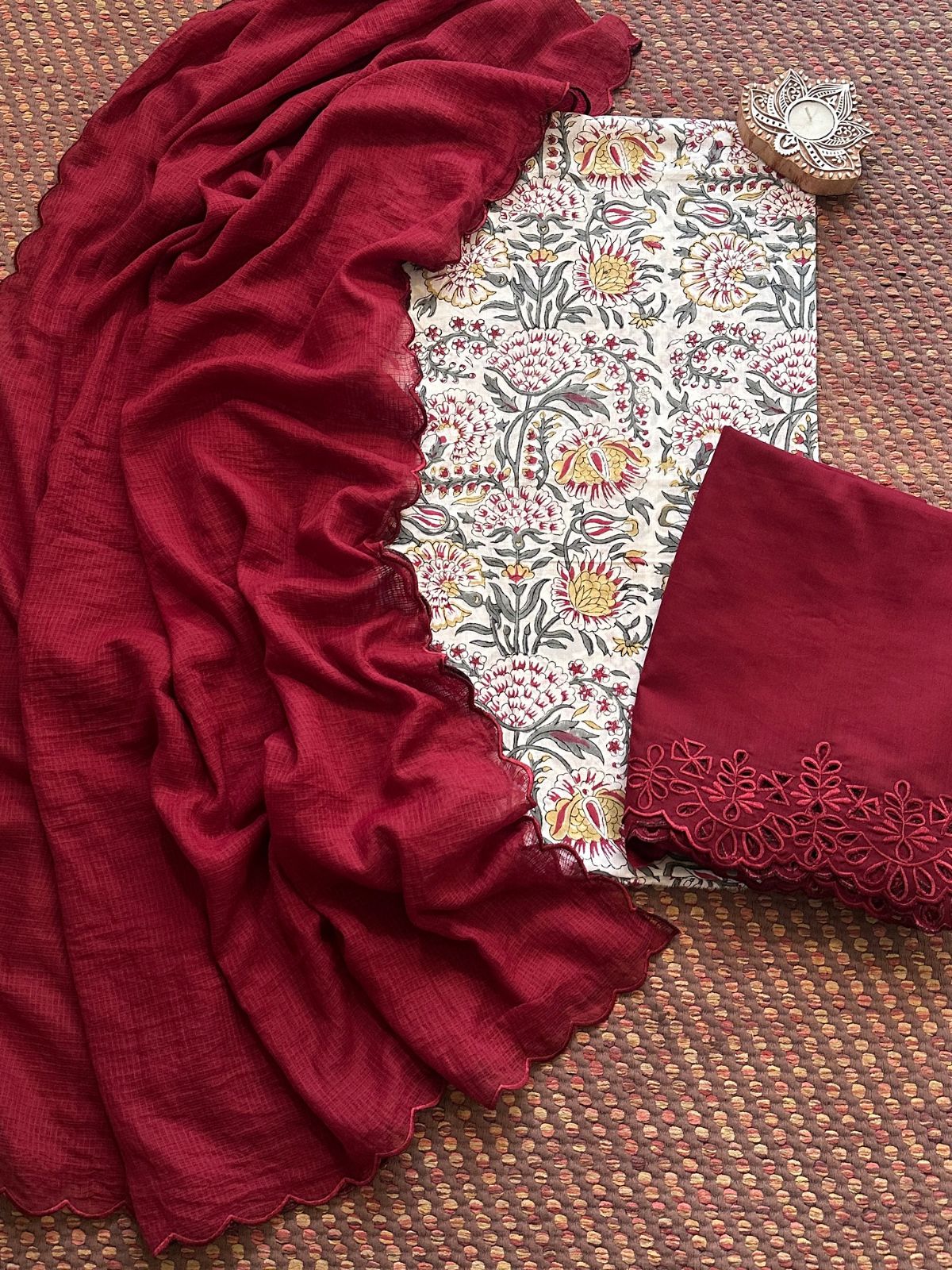 Pure Cotton Hand-blocked Fabric with Cutwork Bottom & Kota Doria Dupatta