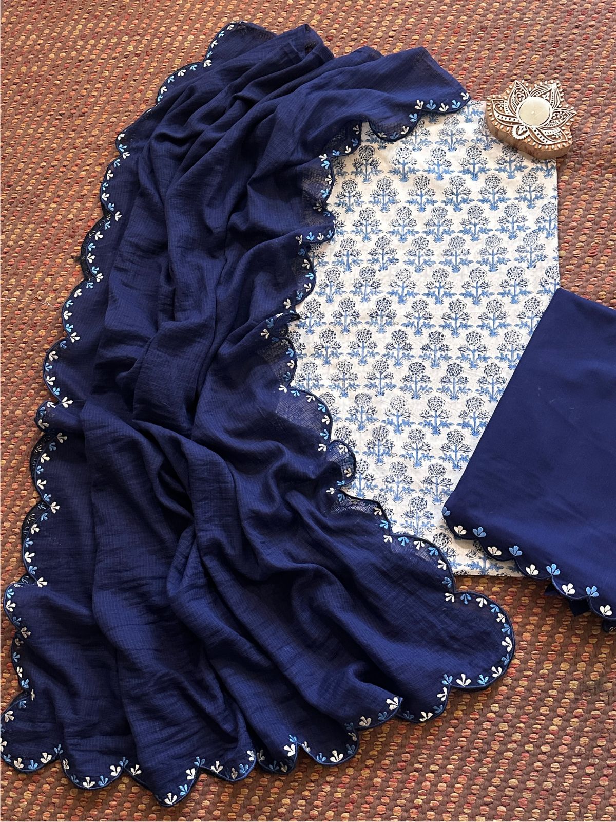 Pure Cotton Hand-block Fabric with Exclusive Embroidered Bottom & Kota Doria Dupatta