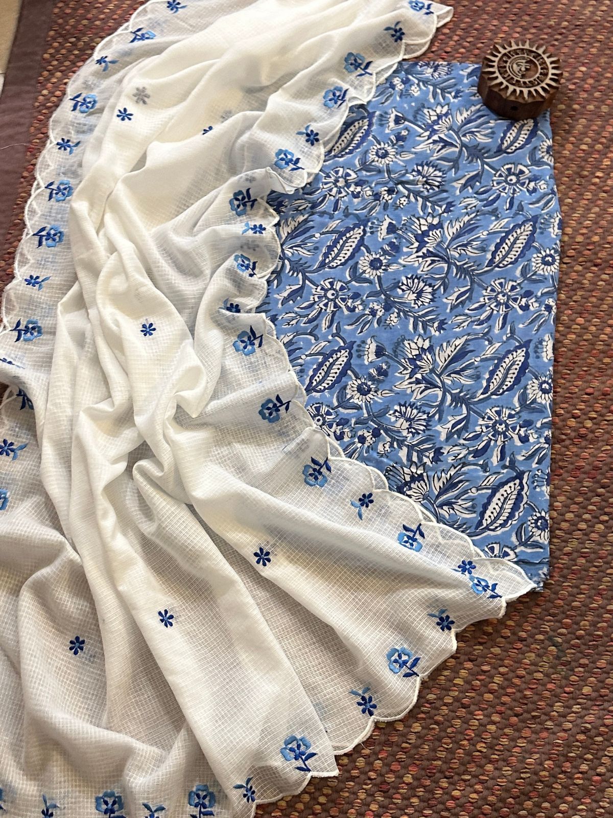 Pure Cotton Handblocked Fabric with Embroidered Dupatta